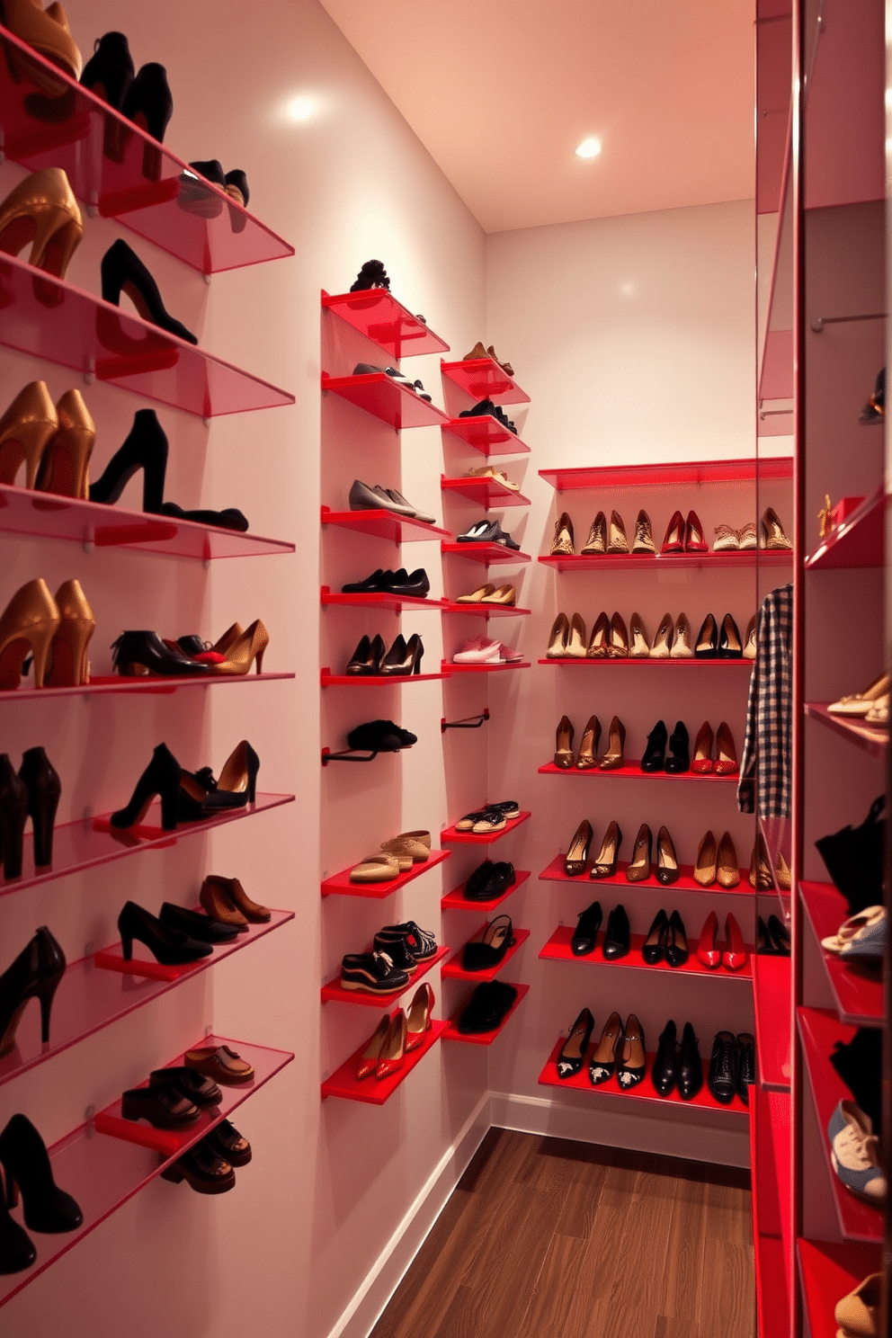 A stunning walk-in closet featuring wall-mounted shoe racks in vibrant red, showcasing an array of stylish footwear. The space is illuminated by soft, warm lighting, enhancing the bold color while providing a luxurious atmosphere.