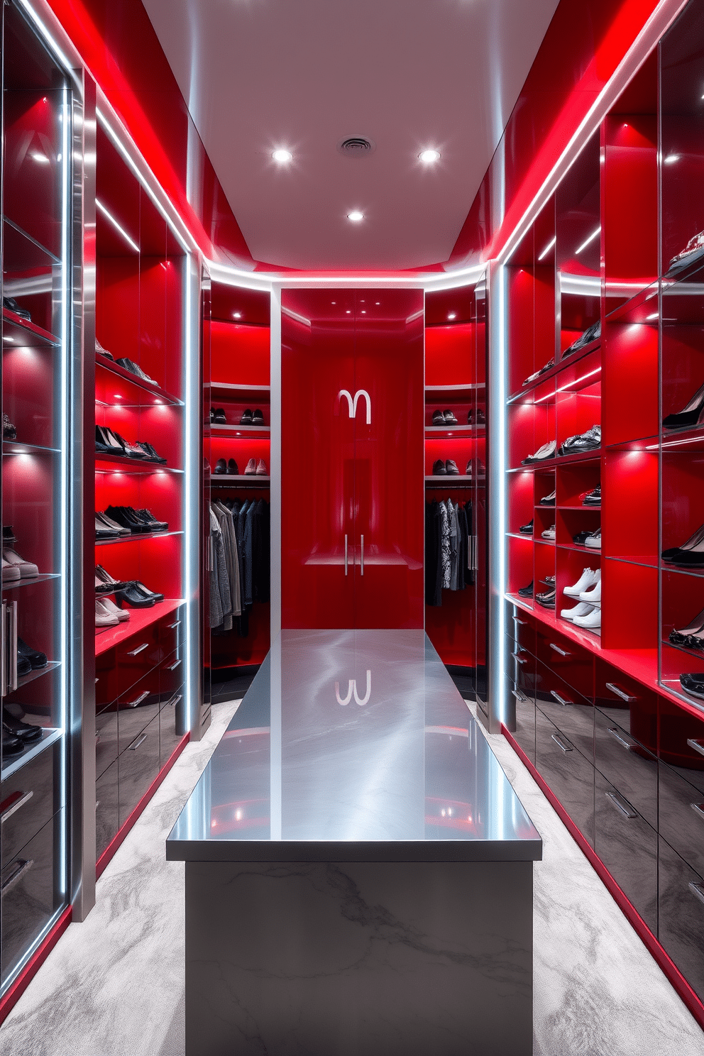 A luxurious walk-in closet featuring sleek red and silver accents. The walls are adorned with a rich red hue, complemented by silver shelving and hardware that enhance the modern aesthetic. The centerpiece is a spacious island with a polished silver countertop, surrounded by custom cabinetry that showcases an organized display of shoes and accessories. Soft LED lighting highlights the elegant design, creating a vibrant yet sophisticated atmosphere.