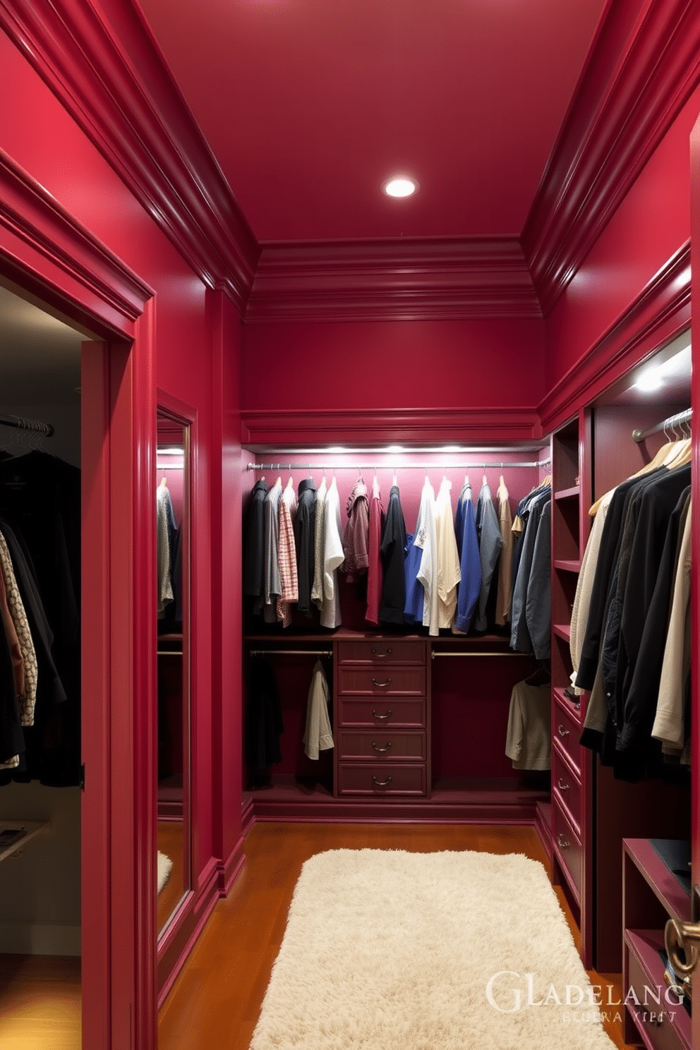 Crown molding painted in rich red tones creates a dramatic and luxurious atmosphere. The intricate detailing of the molding enhances the elegance of the space, drawing attention to the height of the ceilings. The walk-in closet features custom shelving and hanging space, with a plush area rug underfoot. Soft, ambient lighting illuminates the rich red walls, creating a warm and inviting environment for clothing and accessories.