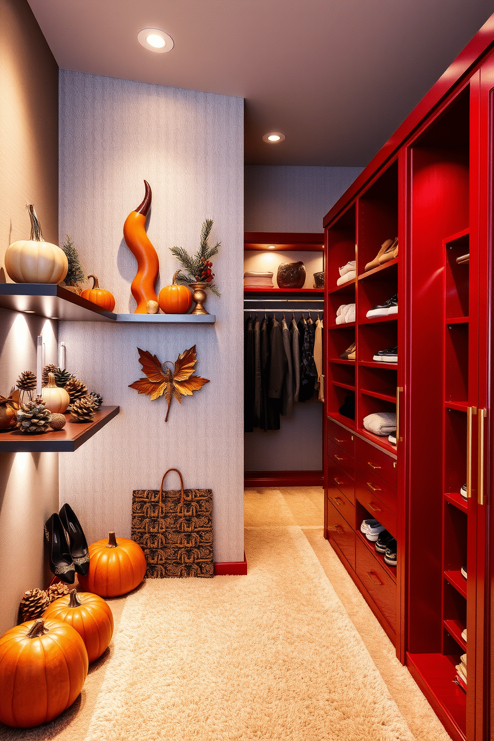 A seasonal decor display area featuring a mix of autumn and winter elements. The backdrop consists of a neutral wall with floating shelves adorned with pumpkins, pinecones, and festive ornaments, complemented by soft, ambient lighting. A luxurious red walk-in closet designed for both functionality and style. The space includes custom shelving for shoes and accessories, with plush carpeting and a central island for folding clothes, all accented by elegant gold hardware.