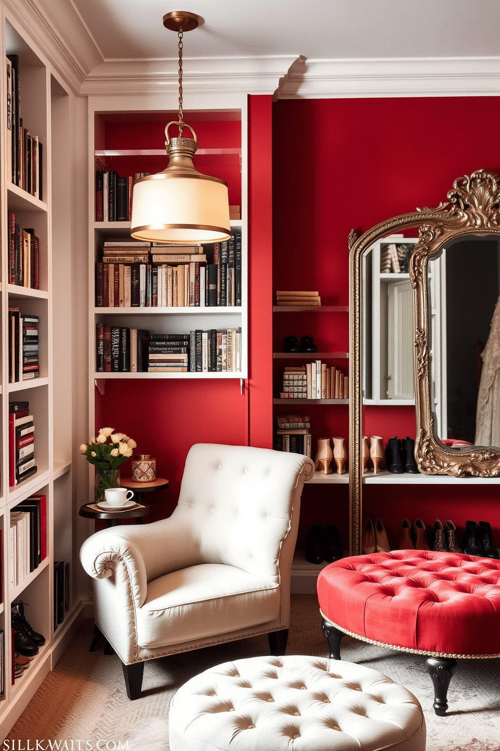 A cozy reading nook within the closet features a plush armchair upholstered in soft fabric, positioned next to a built-in bookshelf filled with an array of books. Soft, warm lighting from a pendant lamp creates an inviting atmosphere, while a small side table holds a steaming cup of tea and a decorative plant. The red walk-in closet design showcases rich crimson walls adorned with elegant white shelving that displays an organized collection of shoes and accessories. A large, ornate mirror reflects the space, while a comfortable ottoman in a complementary shade provides a perfect spot to sit and put on shoes.