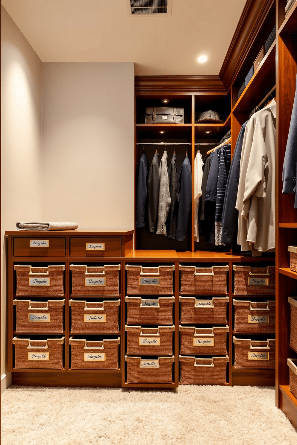 A luxurious walk-in closet featuring personalized nameplates on each storage bin, elegantly arranged to enhance organization and style. The walls are adorned with soft, ambient lighting, and plush carpeting adds a touch of comfort underfoot. The storage bins are crafted from high-quality materials, with each nameplate uniquely designed to reflect the owner's personality. Rich wooden shelves and hanging rods are strategically placed to display a curated collection of clothing and accessories, creating a sophisticated and functional space.