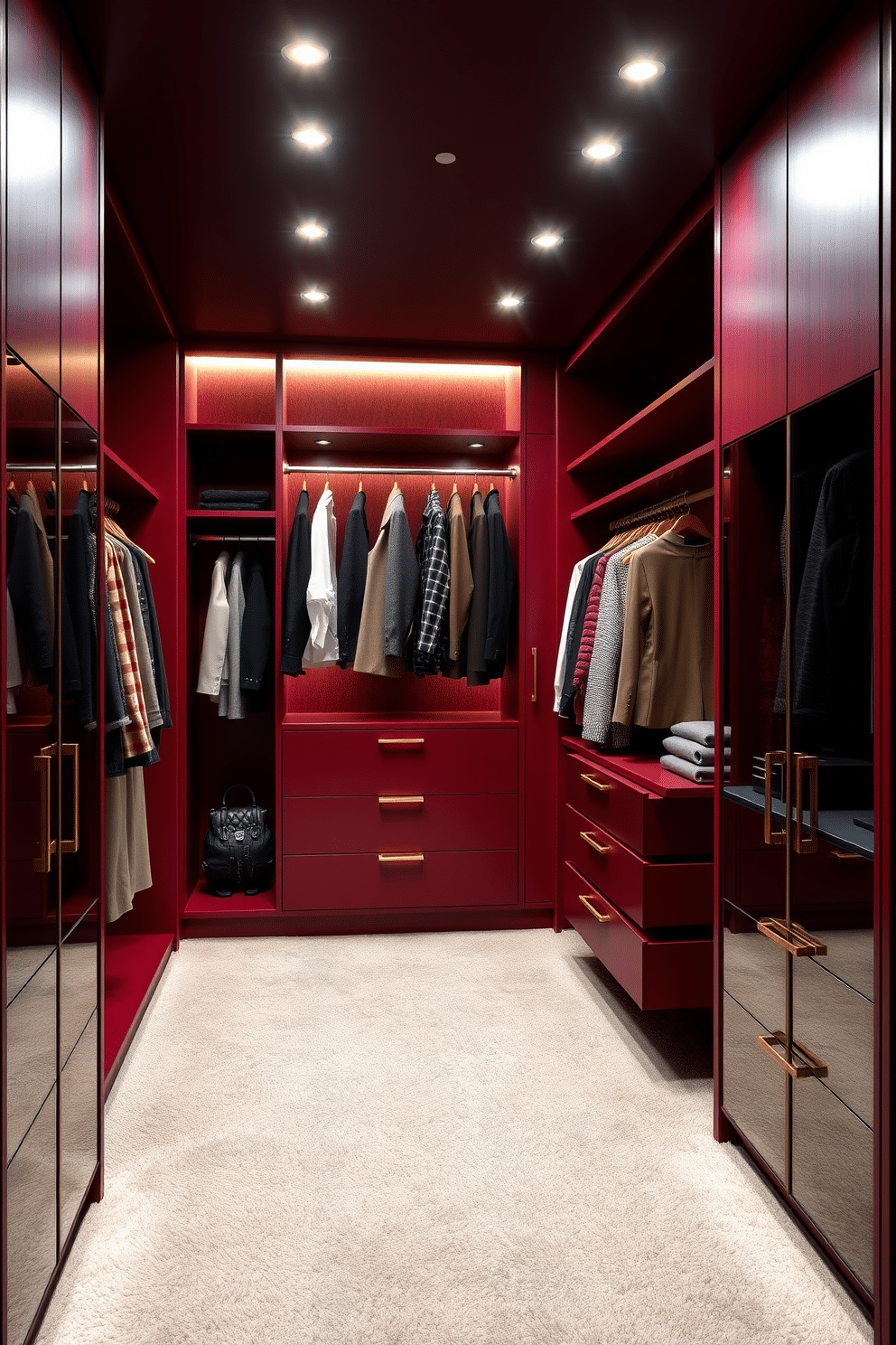 A sleek walk-in closet featuring smart tech integration for modern convenience. Automated lighting illuminates the space as you enter, while a digital wardrobe assistant suggests outfit combinations based on your preferences. The closet is designed with custom shelving and drawers, maximizing storage while maintaining a clean aesthetic. A rich red hue adorns the walls, complemented by elegant gold accents and plush carpeting underfoot.