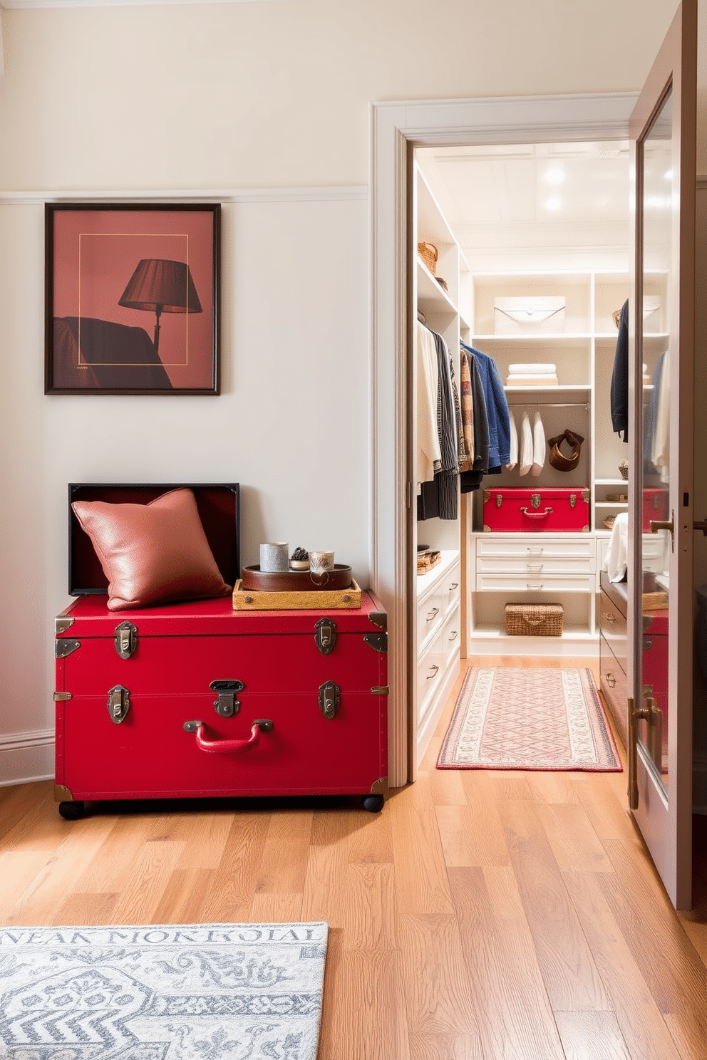 A vintage red trunk serves as a stylish storage solution, adding a pop of color to the room while maintaining a classic aesthetic. The trunk is placed against a backdrop of soft, neutral walls, complementing the warm tones of the wood flooring. The walk-in closet features an elegant design with ample shelving and hanging space, showcasing the vintage red trunks as decorative yet functional elements. Soft, ambient lighting highlights the luxurious fabrics and accessories, creating a chic and organized space.