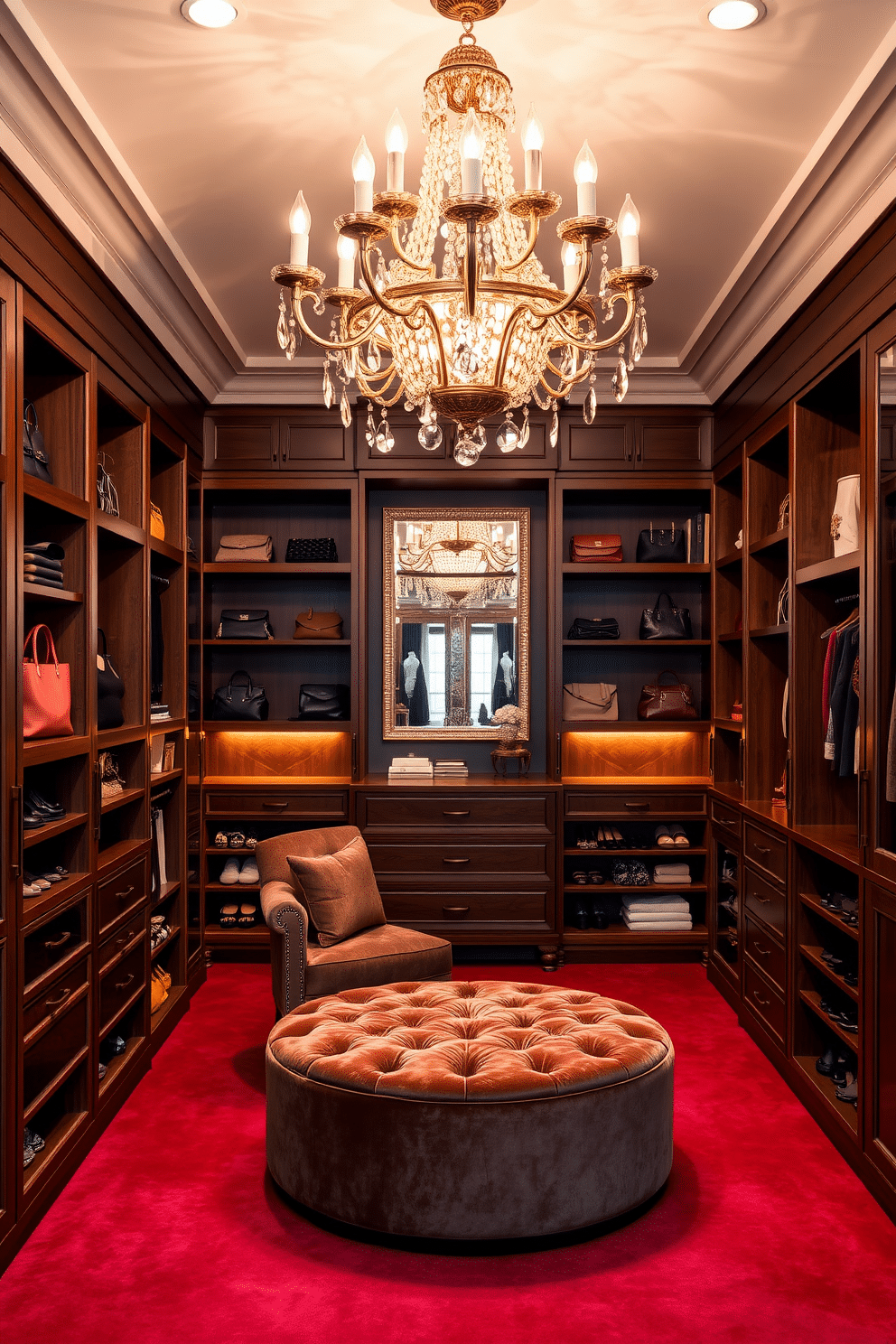 A stunning walk-in closet featuring a luxe chandelier as the focal point, illuminating the space with a warm glow. The walls are lined with custom cabinetry in a rich walnut finish, complemented by plush carpeting in a deep red hue. The closet is organized with a mix of open shelving and closed storage, showcasing designer handbags and shoes. A comfortable seating area with a velvet ottoman invites relaxation amidst the elegance of the space.