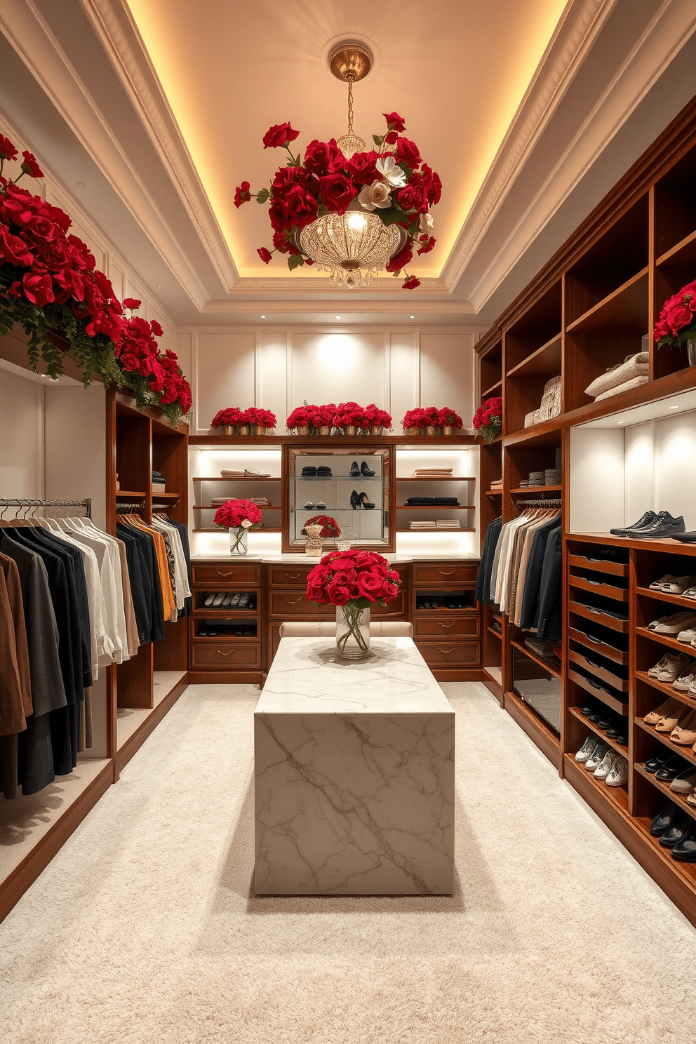 A luxurious walk-in closet featuring elegant red floral arrangements that bring a fresh and vibrant touch to the space. The walls are adorned with soft white paneling, while the plush carpet underfoot complements the rich wooden shelving and hanging areas. The closet is illuminated by warm, ambient lighting that highlights the intricate details of the design. A central island with a marble top provides additional storage, surrounded by carefully organized sections for shoes and accessories, creating a perfect blend of functionality and style.