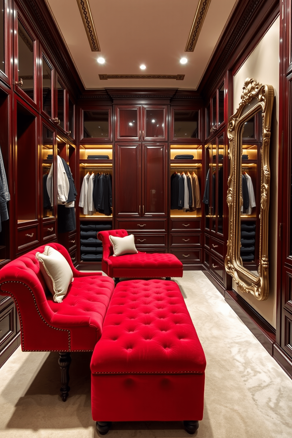 A luxurious walk-in closet featuring red velvet tufted benches for seating, elegantly placed in the center of the space. The walls are adorned with custom cabinetry, showcasing a mix of hanging and shelving options, illuminated by soft, ambient lighting. The benches are complemented by plush throw pillows, adding comfort and style. A large, ornate mirror is positioned on one wall, reflecting the opulence of the closet while enhancing the sense of space.