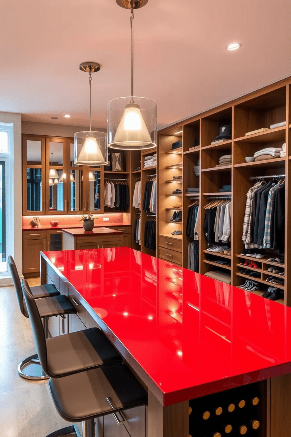 A functional kitchen island featuring a vibrant red countertop surface, surrounded by sleek bar stools. The island includes integrated storage solutions and a built-in wine rack, creating a perfect blend of style and practicality. A spacious walk-in closet designed with custom shelving and hanging options, highlighted by elegant lighting fixtures. The design incorporates a central island with drawers for accessories, ensuring an organized and luxurious space for clothing and footwear.