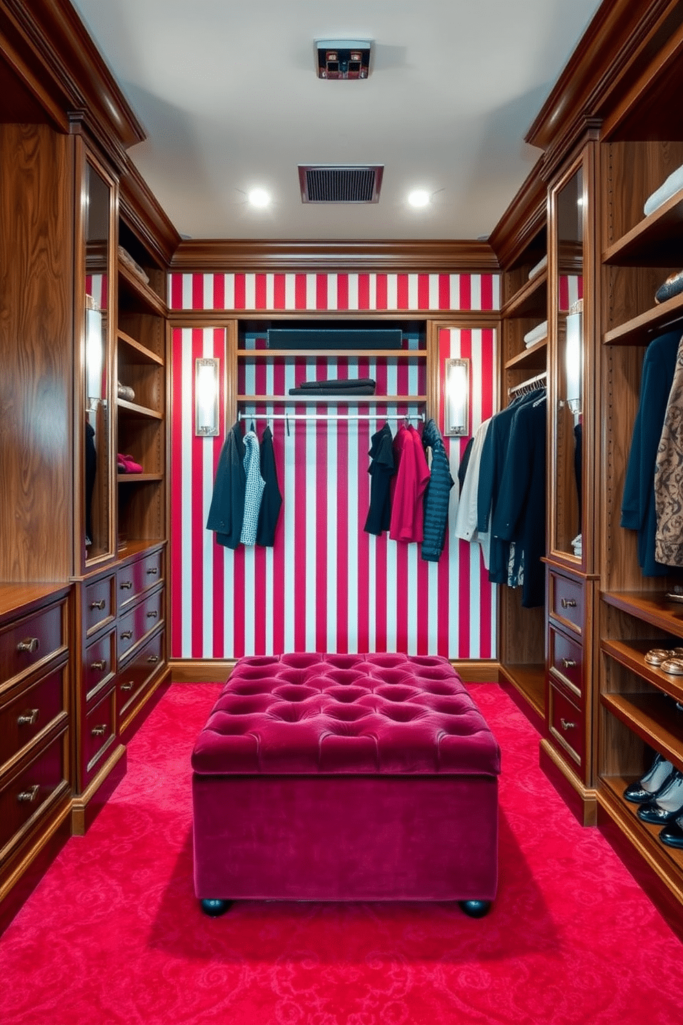 A luxurious walk-in closet featuring red and white striped wallpaper that adds a vibrant flair to the space. The closet is equipped with elegant wooden shelving, a plush velvet ottoman in the center, and ample hanging space for clothing, all accented by stylish lighting fixtures.