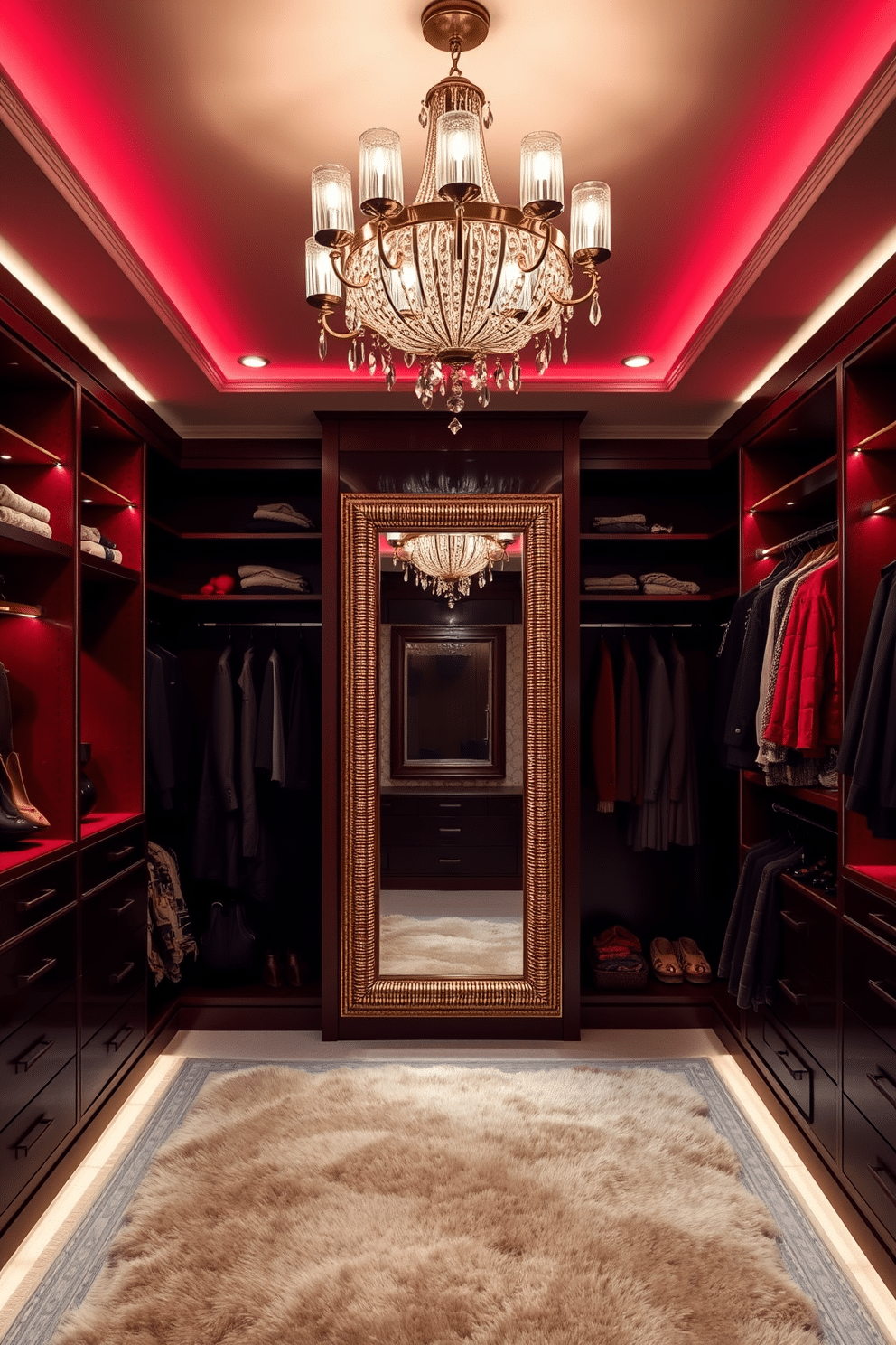 A luxurious walk-in closet featuring stylish lighting fixtures in rich red tones. The space is designed with custom shelving and hanging racks, complemented by a plush area rug and a statement chandelier that casts a warm glow. The walls are adorned with elegant wallpaper in a subtle pattern, enhancing the opulent feel of the room. A full-length mirror is positioned strategically, reflecting the exquisite design elements and creating an inviting atmosphere.