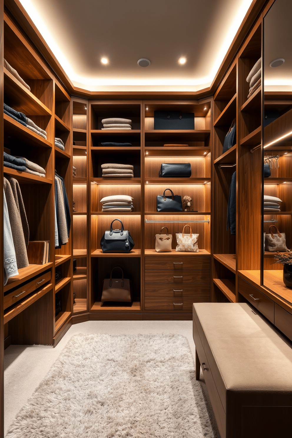 A luxurious walk-in closet featuring open shelving for easy access to items. The design includes elegant wooden shelves arranged in a U-shape, showcasing neatly folded sweaters and stylish handbags. Soft LED lighting illuminates the space, highlighting the rich textures of the fabrics. A plush area rug in a neutral tone adds warmth, while a full-length mirror reflects the sophisticated organization of the closet.