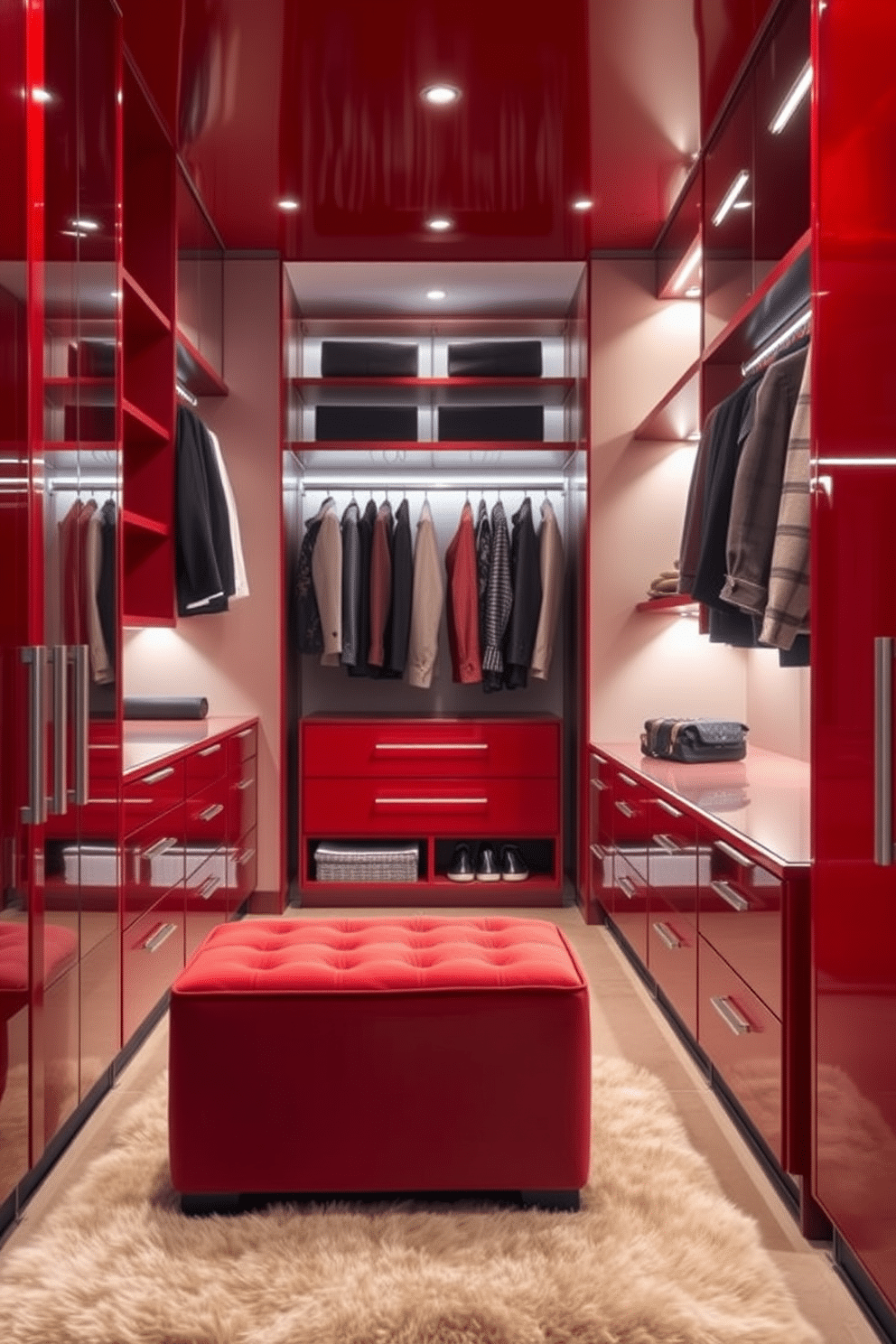 A luxurious walk-in closet featuring custom cabinetry with sleek red finishes. The design includes ample storage space with built-in shelves, drawers, and hanging areas, all elegantly integrated into the vibrant red color scheme. Soft, ambient lighting enhances the rich hues of the cabinetry, creating a warm and inviting atmosphere. A plush area rug lies beneath a stylish ottoman, offering a comfortable spot to sit while choosing outfits.