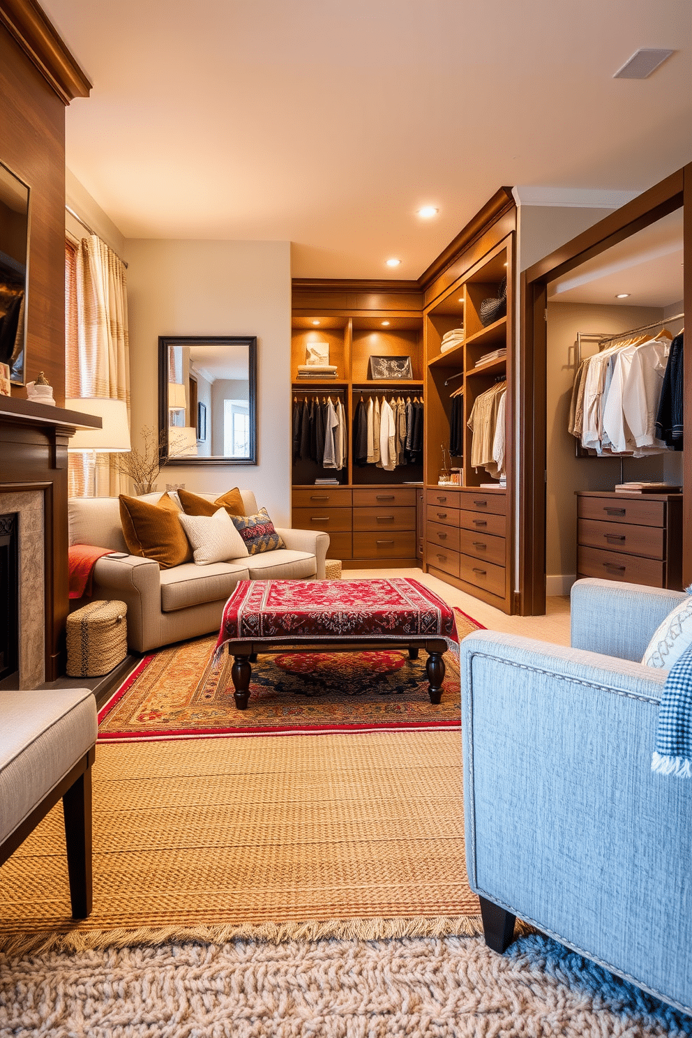 Layered rugs in a cozy living room create a rich tapestry of textures and warmth. The base rug is a large, neutral jute, topped with a smaller, colorful Persian rug that adds depth and character to the space. The walk-in closet features custom shelving and hanging options, maximizing storage while maintaining an elegant aesthetic. Soft, ambient lighting highlights the rich wood finishes and plush carpet, creating a luxurious retreat for wardrobe organization.