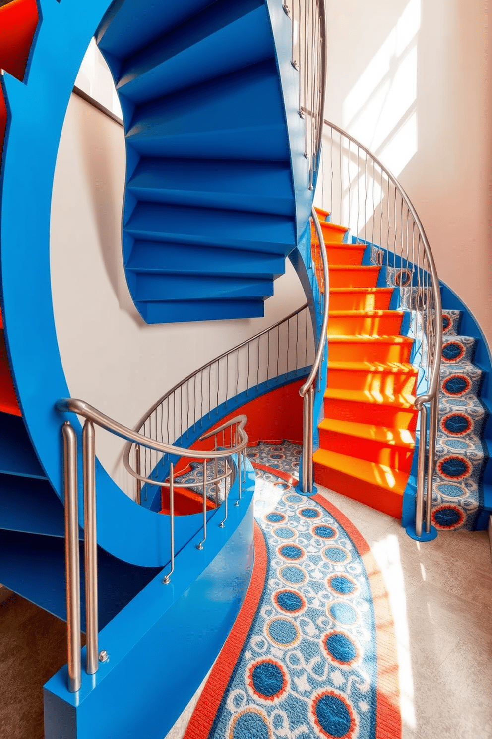 A striking spiral staircase features a vibrant blend of deep blue and bright orange hues, creating a stunning focal point in the entryway. The railing is crafted from sleek metal, complementing the modern aesthetic while allowing the bold colors to stand out. The staircase is adorned with geometric-patterned carpet runners that enhance its retro charm. Soft lighting highlights the curves of the staircase, casting playful shadows on the walls and adding warmth to the space.