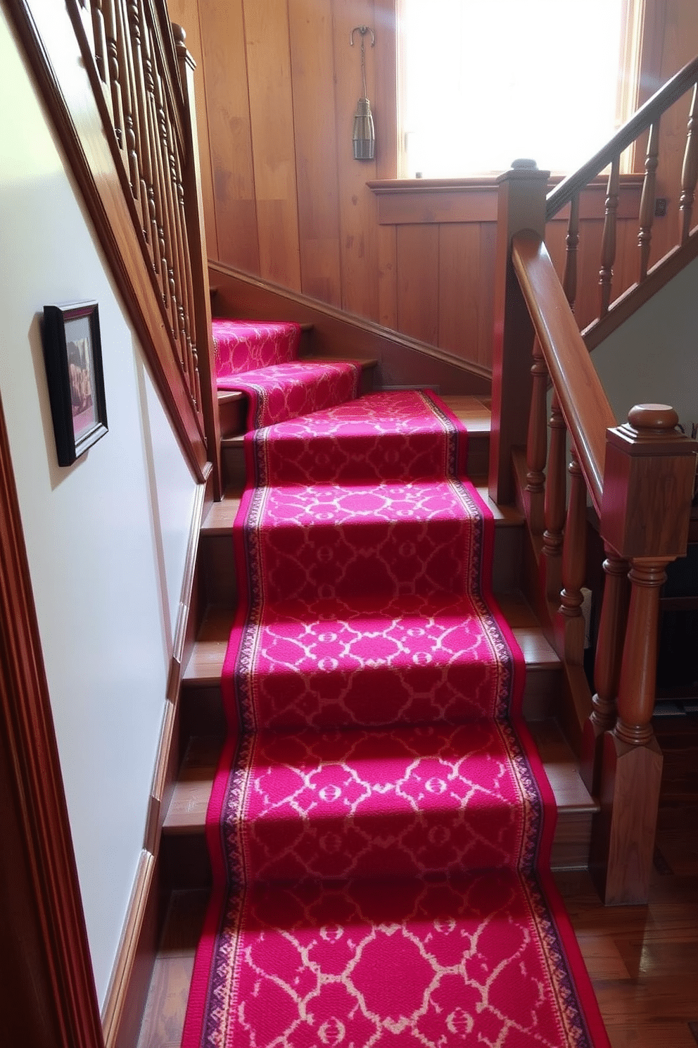 A vibrant stair runner in shades of red and orange cascades down a classic wooden staircase, enhancing the warm ambiance of the space. The runner features a geometric pattern that complements the rich oak banister and adds a touch of modern flair to the retro design. The staircase itself is adorned with vintage-style railings and a polished wood finish, evoking a nostalgic charm. Soft, natural light filters through a nearby window, illuminating the intricate details of the runner and staircase, creating an inviting atmosphere.