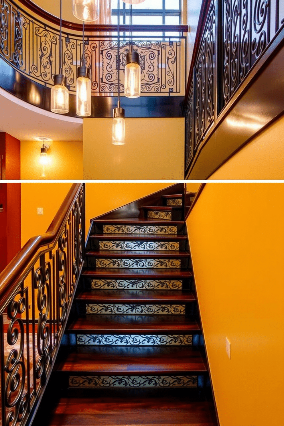 Art deco staircase featuring sleek metal accents, with a polished wooden handrail and intricate geometric patterns on the risers. The staircase is illuminated by elegant pendant lights, casting a warm glow on the rich, dark wood steps. Retro staircase design ideas that incorporate vibrant colors and bold patterns, showcasing a mix of materials like wrought iron and glass. The design includes playful elements such as a checkerboard pattern on the staircase landing, enhancing the nostalgic feel.