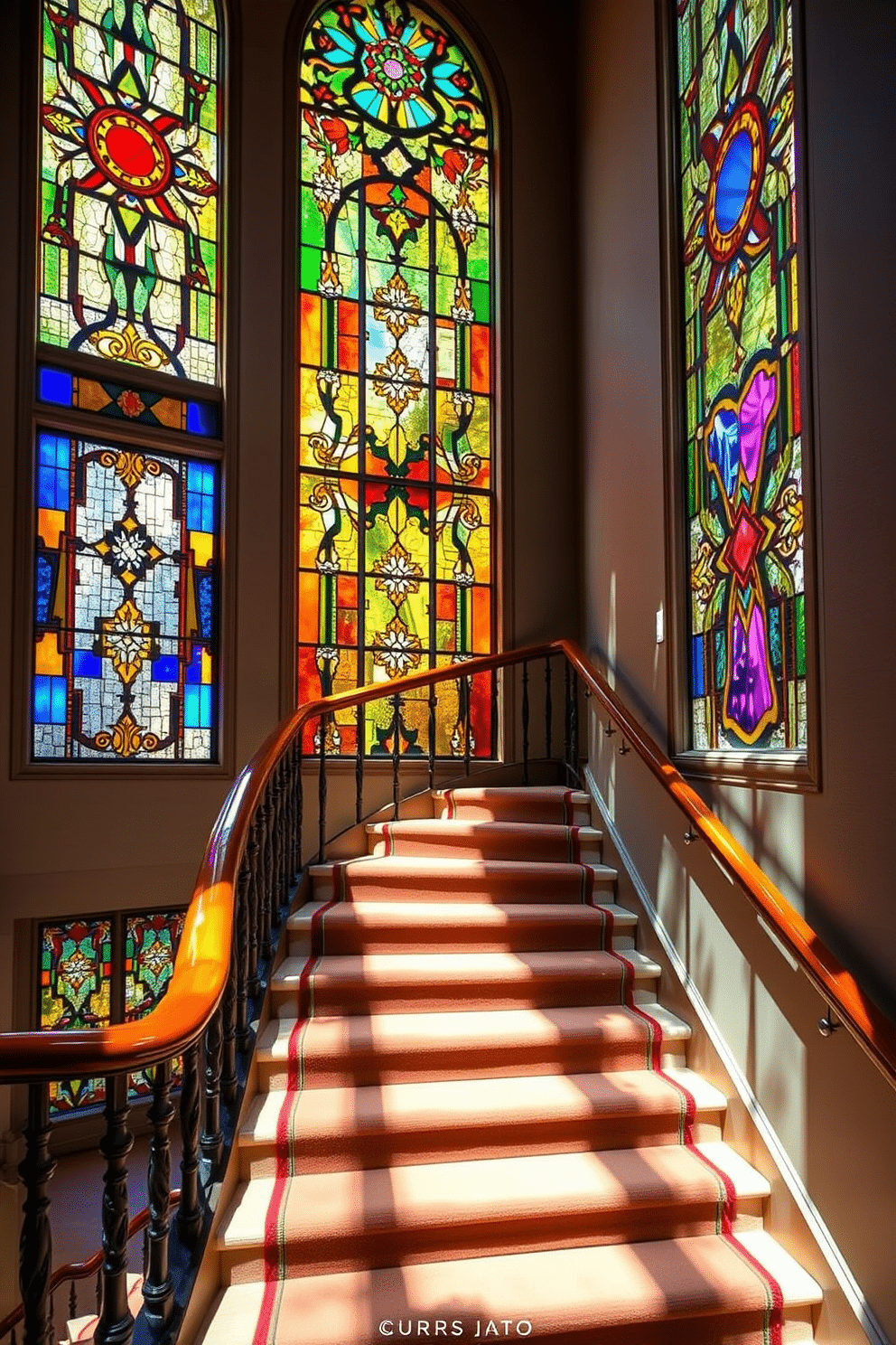 A stunning stairwell features intricate stained glass panels that allow colorful light to filter through, casting beautiful patterns on the walls. The staircase itself is designed with a retro aesthetic, showcasing bold geometric shapes and vibrant colors that evoke a sense of nostalgia. The handrail is crafted from polished wood, complementing the rich hues of the stained glass. Each step is accentuated with vintage-style carpeting, adding warmth and texture to the overall design.