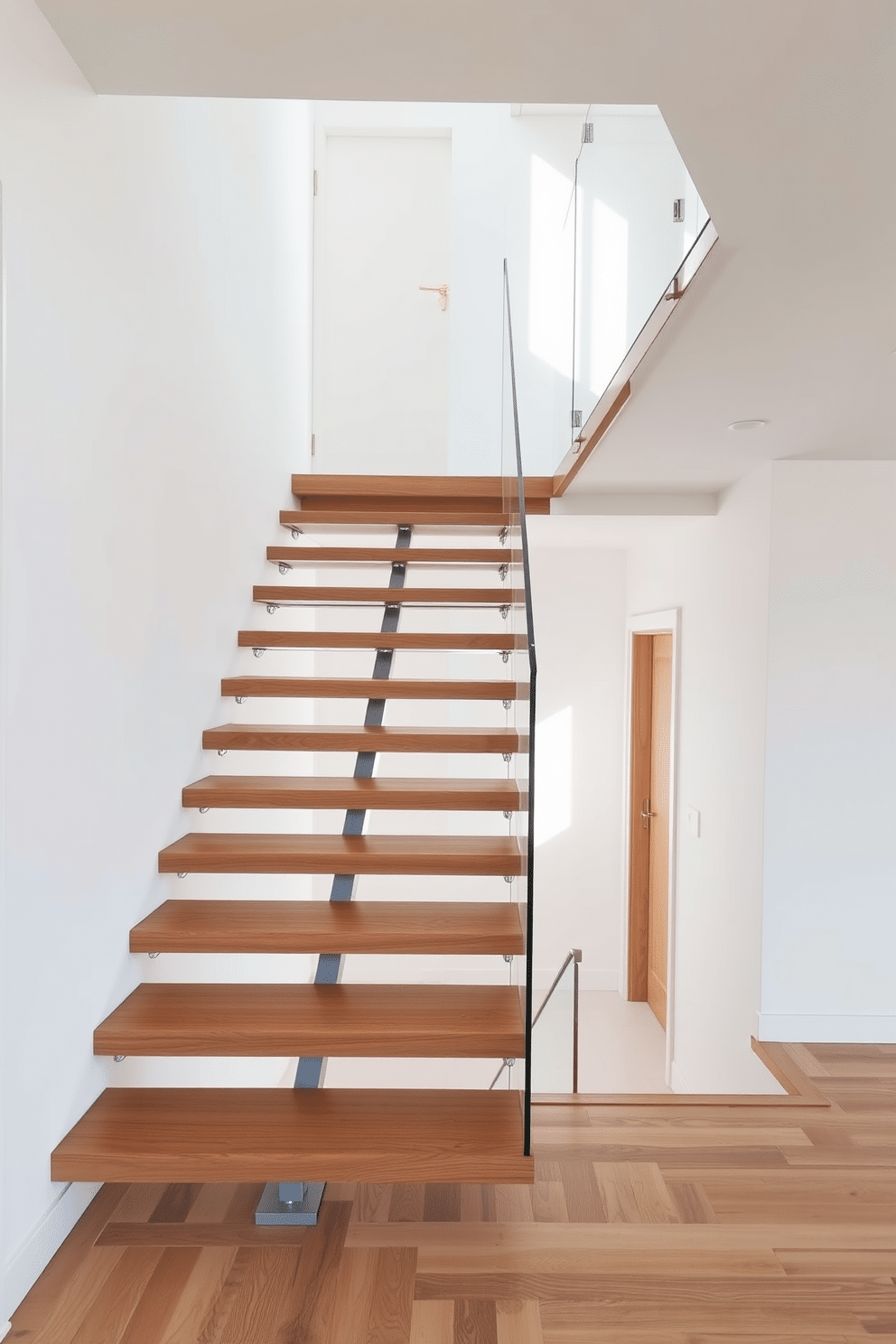 A stunning floating staircase features sleek wooden treads that appear to defy gravity, supported by hidden metal brackets for a clean look. The surrounding walls are painted in a crisp white, enhancing the minimalist aesthetic and allowing natural light to illuminate the space. The staircase is complemented by a simple glass railing that provides safety without obstructing the view. Below, the floor is finished with light oak planks, creating a seamless transition from the staircase to the living area.