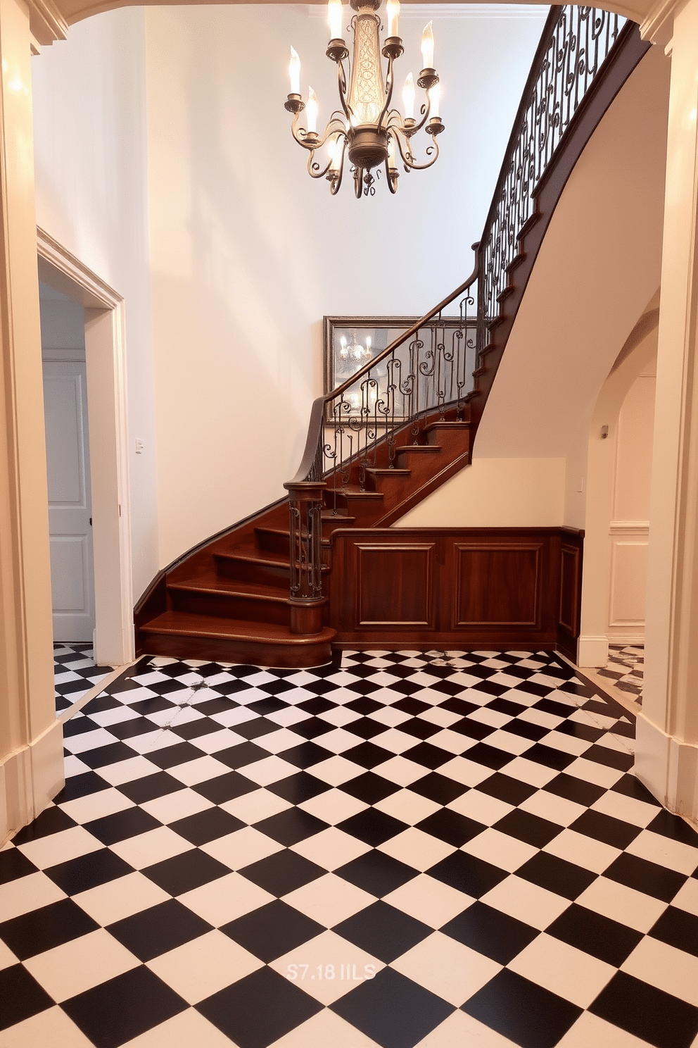 A striking staircase features a checkerboard flooring design at its base, combining black and white tiles for a bold visual impact. The staircase itself is adorned with rich wooden steps and a vintage-style wrought iron railing, creating a perfect blend of modern and retro aesthetics. Above the staircase, a statement chandelier hangs gracefully, casting a warm glow on the intricate details of the woodwork. The walls are painted in a soft cream color, enhancing the overall elegance of the space while complementing the checkerboard pattern below.