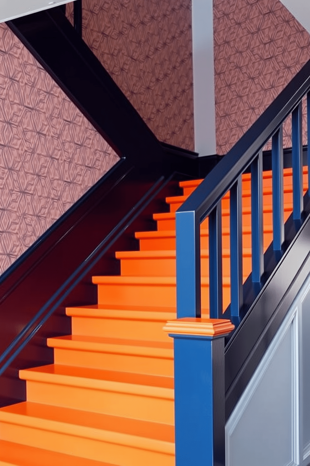 A striking staircase design featuring bold, contrasting handrail colors that create a visual impact. The handrails are painted in a deep navy blue, contrasting beautifully with the vibrant orange of the staircase steps. The walls adjacent to the staircase are adorned with geometric wallpaper that complements the color scheme. Soft, ambient lighting highlights the unique features of the staircase, enhancing its modern aesthetic.