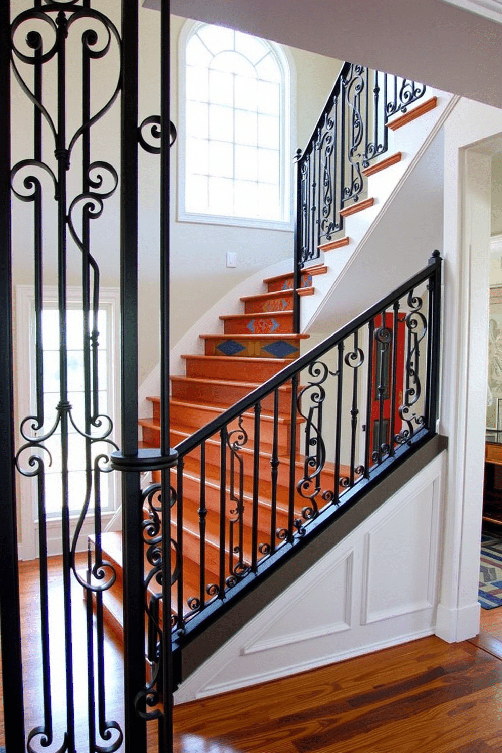 A stunning classic wrought iron railing design featuring intricate scrollwork and a matte black finish, elegantly framing a grand staircase. The railing complements the warm wooden steps, enhancing the timeless charm of the entryway. A retro staircase design with bold geometric patterns and vibrant colors, creating a striking focal point in the home. The staircase features a mix of materials, including polished wood and metal accents, evoking a playful yet sophisticated atmosphere.