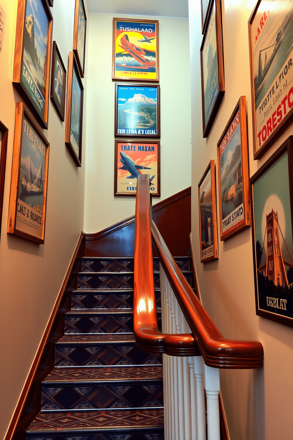 A charming stairwell adorned with vintage travel posters, showcasing iconic destinations and nostalgic imagery. The posters are framed in distressed wood, adding character to the space while vibrant colors draw the eye upward. The staircase itself features a retro design, with a mix of bold, geometric patterns on the risers and a polished wooden handrail. Soft, ambient lighting highlights the unique details, creating an inviting atmosphere as one ascends.