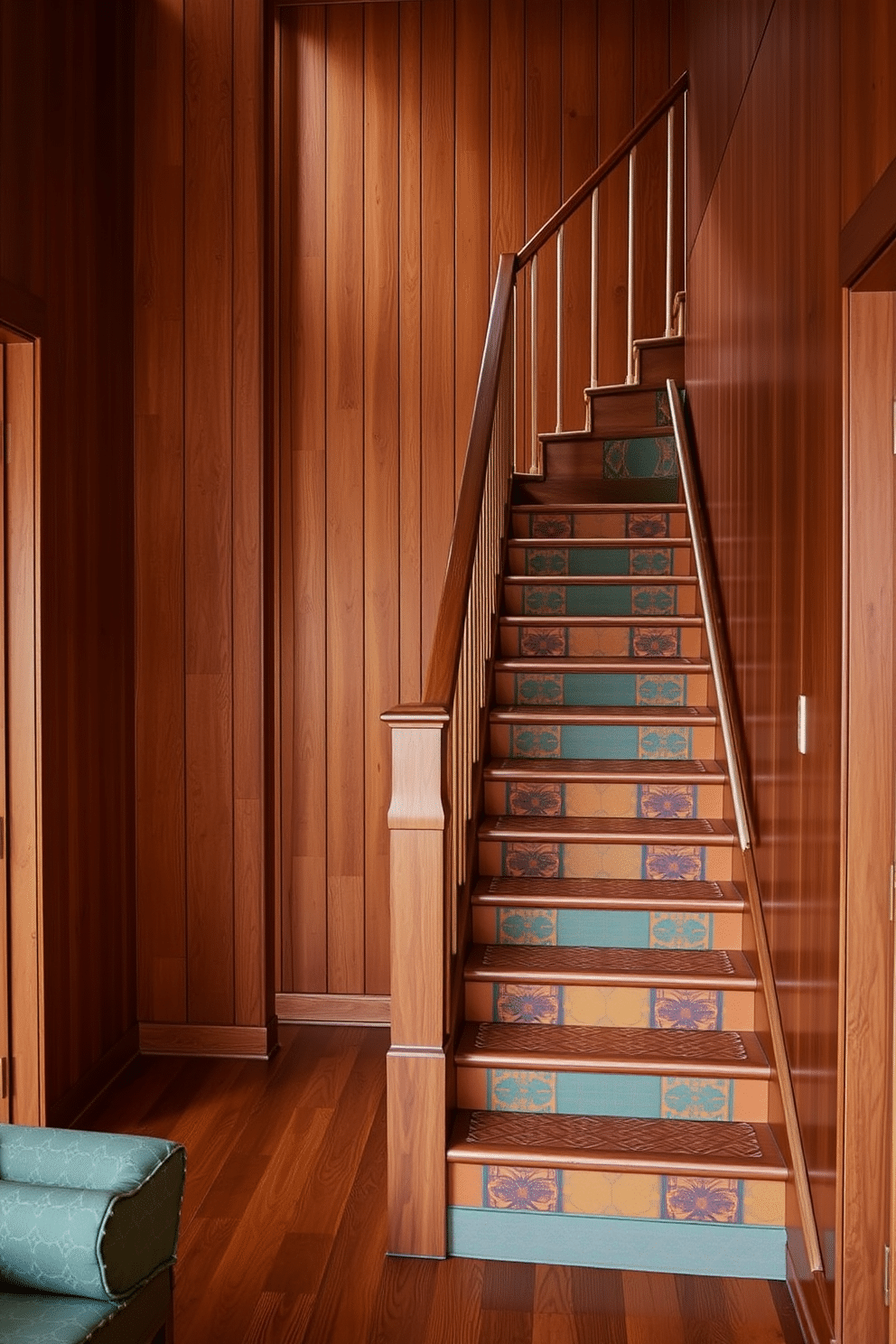 A warm and inviting interior features rich wood paneling that envelops the space, creating a sense of comfort and sophistication. The warm tones of the wood are complemented by soft lighting that highlights the textures and grains, making the room feel both intimate and stylish. The staircase is designed with retro flair, showcasing bold colors and geometric patterns that evoke a sense of nostalgia. Each step features unique detailing, such as vintage-inspired railings and patterned risers, making the staircase a striking focal point in the home.