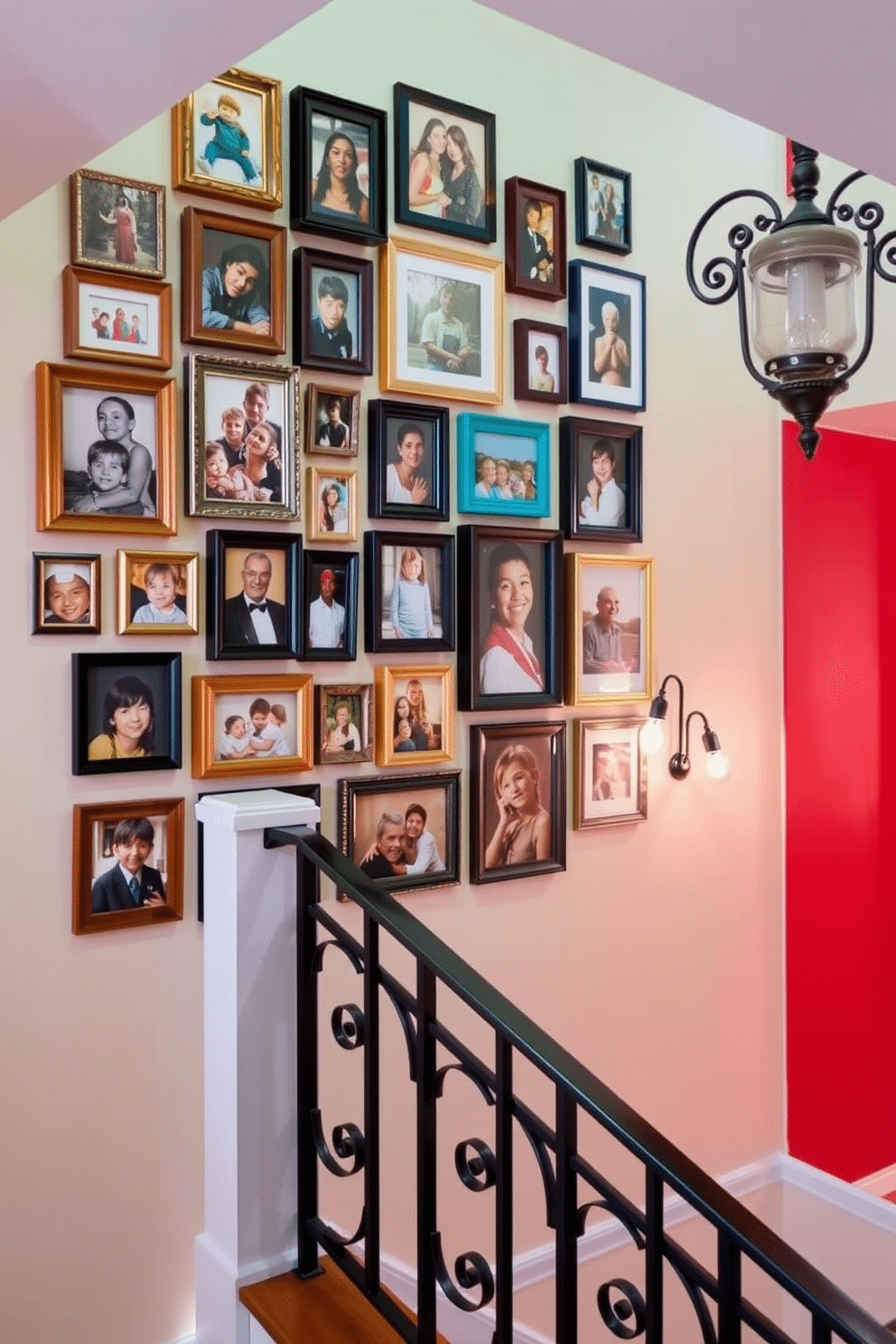 A staircase gallery wall adorned with an eclectic mix of family photos creates a warm and inviting atmosphere. The frames vary in size and style, showcasing cherished memories against a backdrop of soft, neutral wall paint. Retro staircase design ideas feature bold colors and geometric patterns that evoke a sense of nostalgia. Wrought iron railings and vintage-inspired lighting fixtures enhance the character of the staircase, making it a striking focal point in the home.