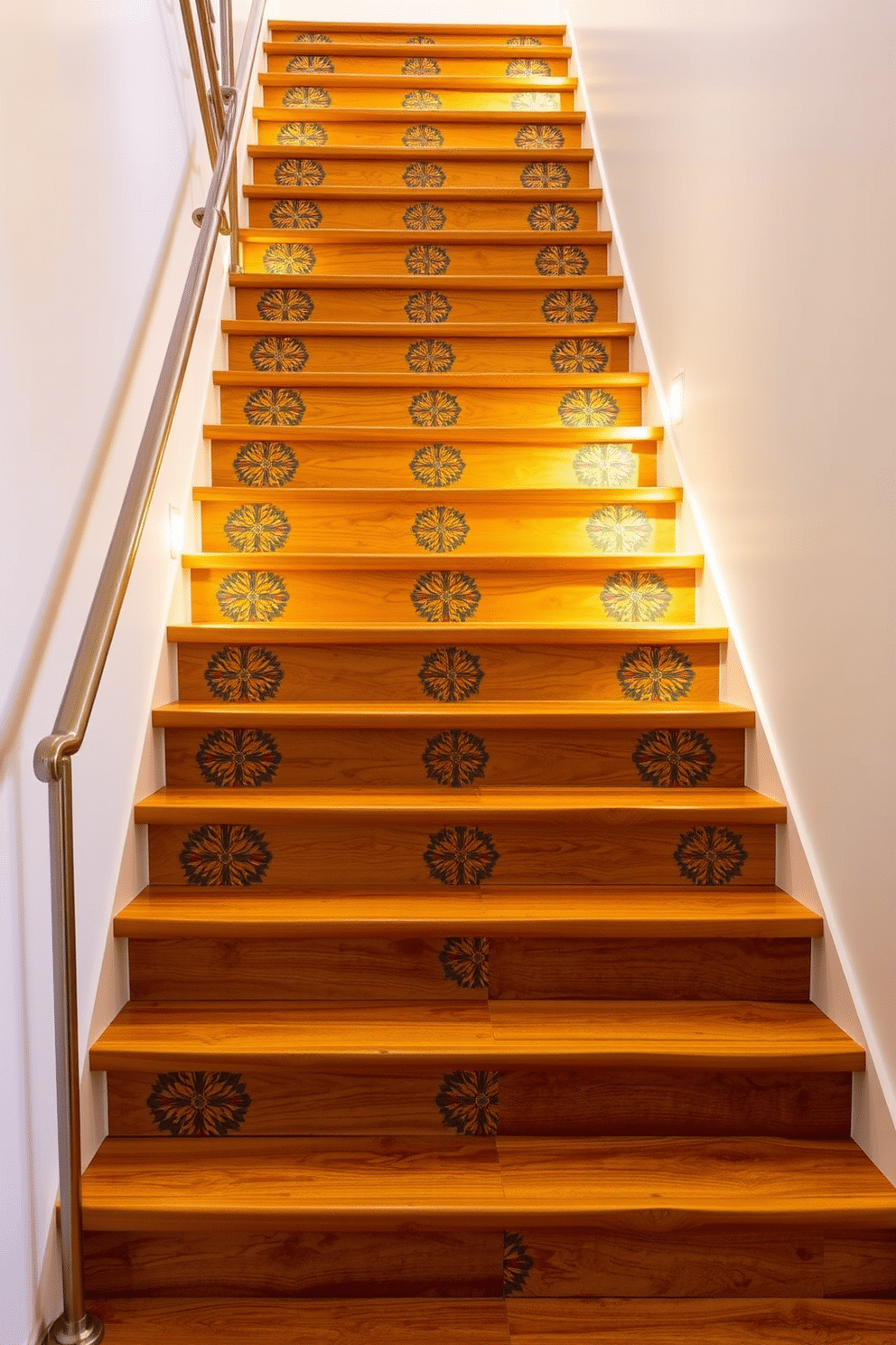 A stunning retro staircase featuring wooden treads that exude warmth and character. The risers are adorned with intricate, colorful patterns that add a playful touch to the overall design. The staircase is framed by a sleek metal railing that contrasts beautifully with the natural wood. Soft, ambient lighting highlights the unique patterns and enhances the inviting atmosphere of the space.