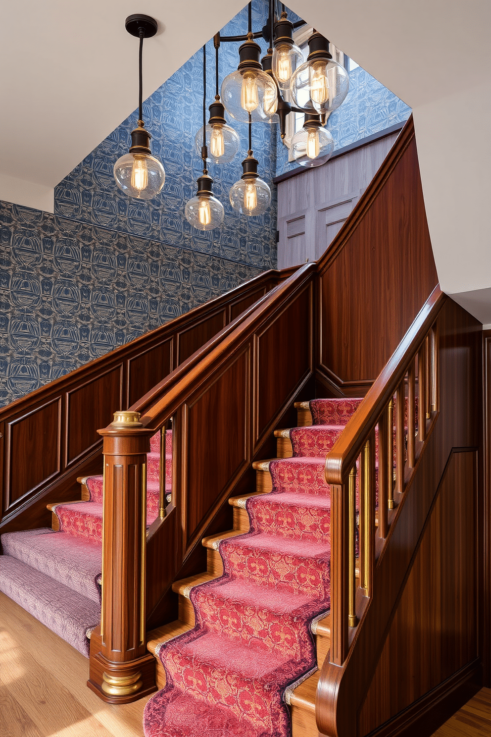 A stunning staircase featuring a sleek wooden structure with brass accents that add a touch of elegance. The handrail is elegantly curved, and the steps are adorned with a plush runner in a rich color that complements the brass detailing. The walls alongside the staircase are decorated with retro-inspired wallpaper, showcasing bold geometric patterns. A series of vintage-style light fixtures hang from the ceiling, casting a warm glow that highlights the staircase's design.