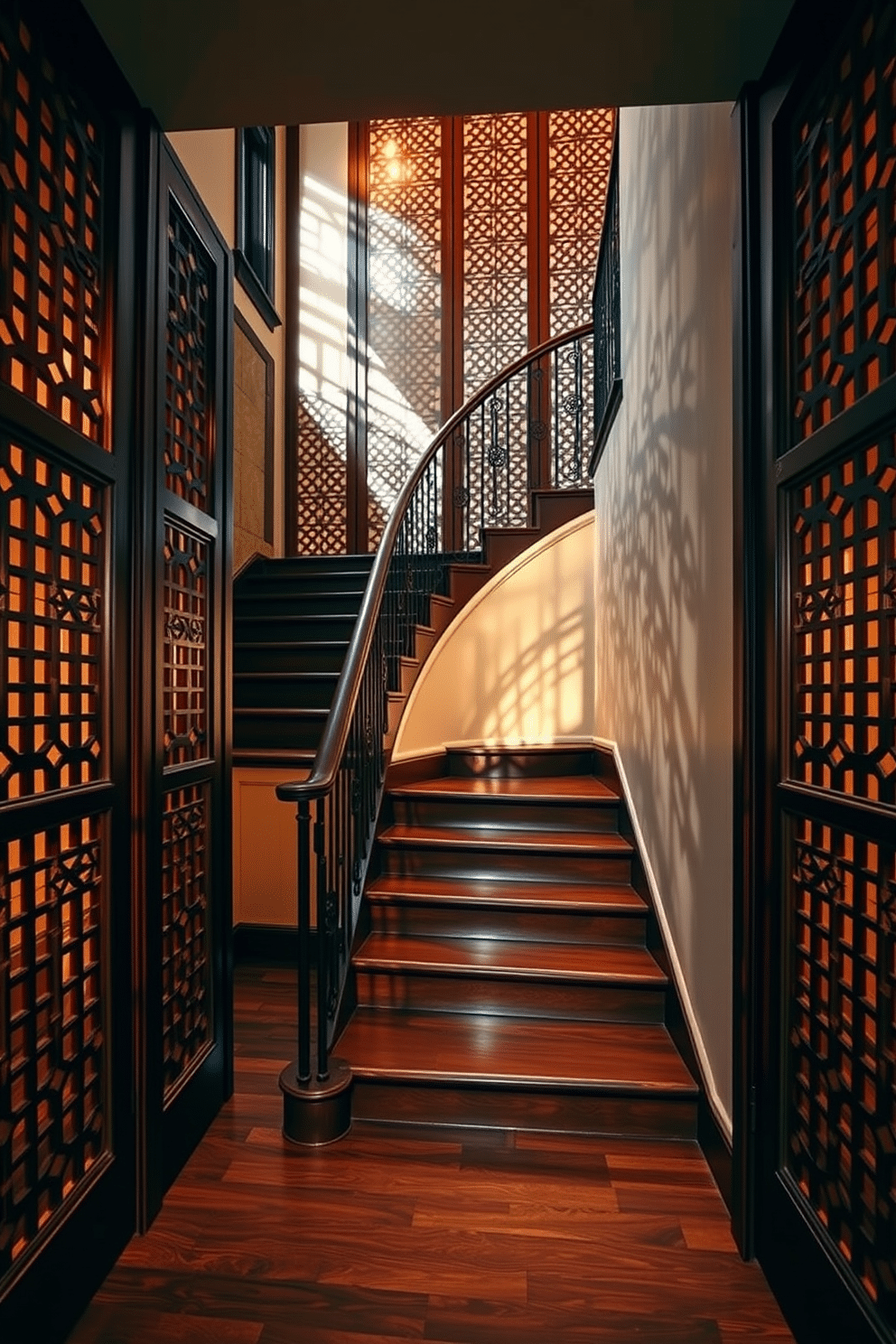 A stunning staircase design featuring elegant latticework screens on either side, providing both privacy and a decorative element. The screens are crafted from dark wood, intricately designed with geometric patterns that complement the overall aesthetic of the space. The staircase itself is a blend of vintage charm and modern functionality, with rich hardwood steps leading to an upper landing. Accentuated by a wrought iron railing, the retro design is enhanced with warm lighting that casts inviting shadows on the walls.