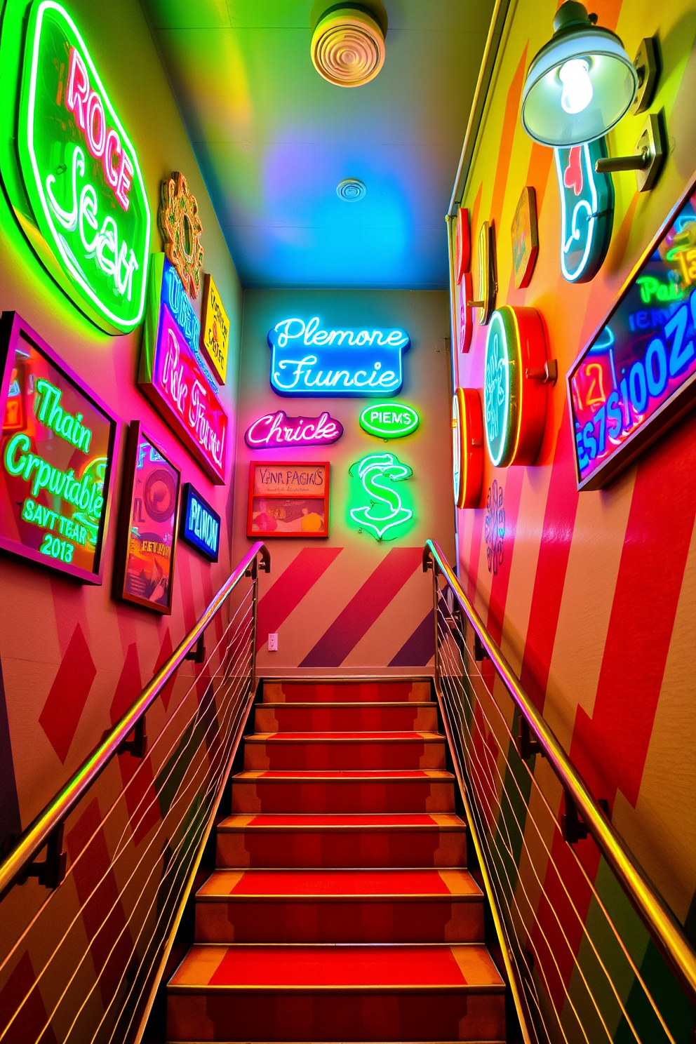 A vibrant retro-themed room adorned with playful neon signs in various colors, casting a warm glow across the space. The signs feature fun phrases and iconic symbols, creating an inviting atmosphere perfect for entertainment and relaxation. A striking retro staircase design featuring bold geometric patterns and vibrant colors. The staircase is framed by sleek metal railings, complemented by vintage-inspired lighting fixtures that enhance its playful character.