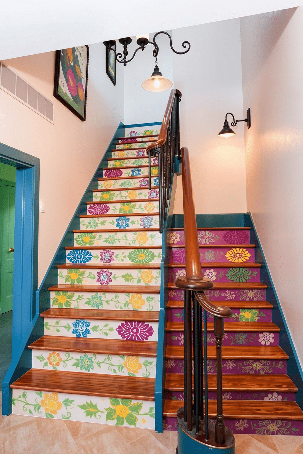 A vibrant staircase featuring painted risers adorned with intricate floral patterns in various colors. The surrounding walls are painted in a soft pastel hue, complementing the lively designs and creating an inviting atmosphere. The staircase itself boasts a retro design with sleek wooden treads and a polished banister. Vintage-inspired light fixtures hang above, casting a warm glow and enhancing the charming aesthetic of the space.