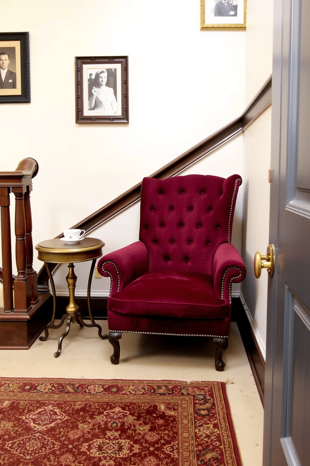 A charming staircase landing features vintage seating, including a plush, tufted armchair upholstered in rich burgundy fabric. A small, round side table with an antique brass finish sits beside the chair, adorned with a delicate porcelain teacup. The walls are painted in a soft cream color, providing a warm backdrop for framed black-and-white photographs. A vintage area rug with intricate patterns lies beneath the seating, adding texture and warmth to the space.