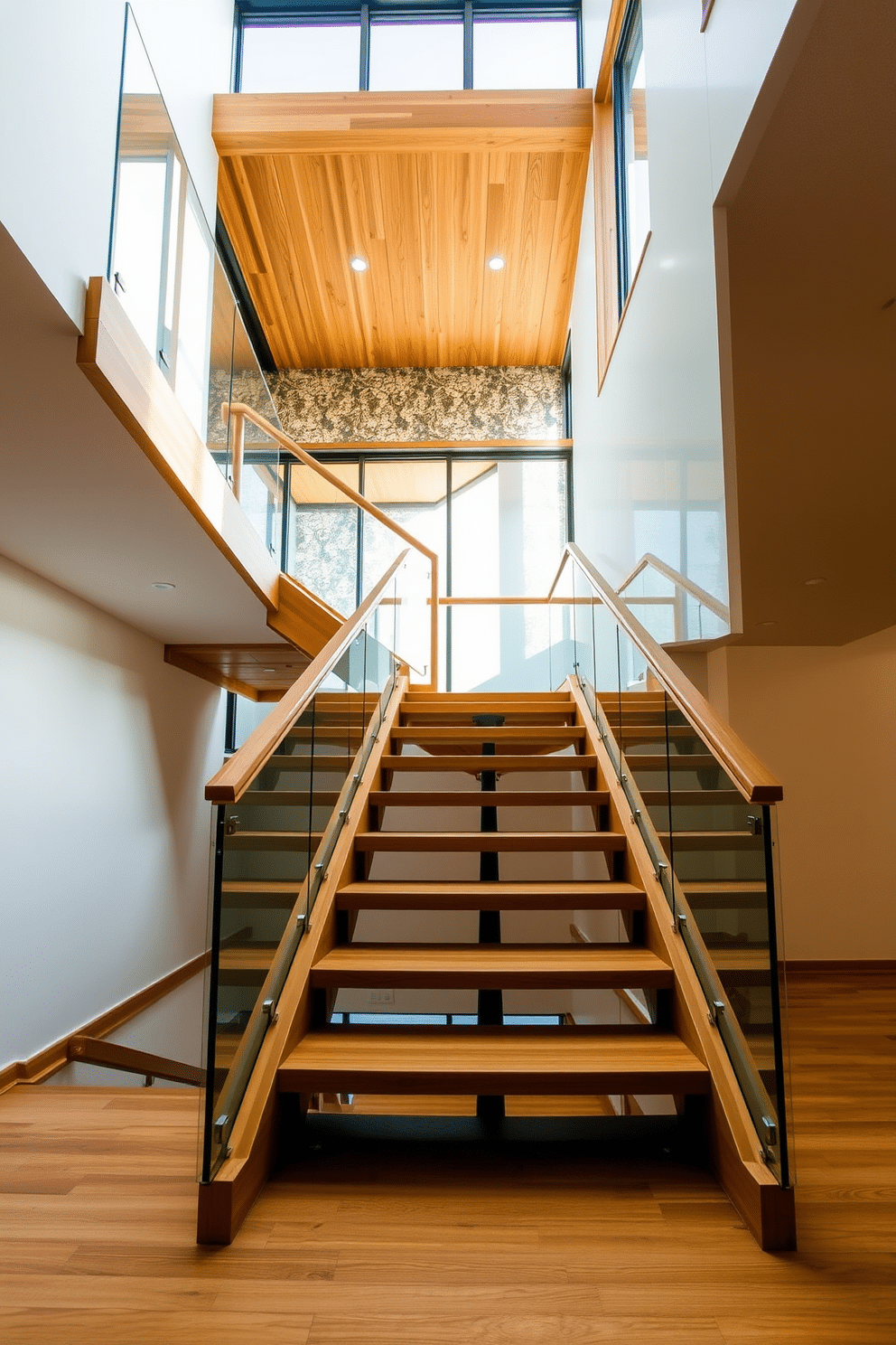 Open staircase with glass balustrades. The staircase features a sleek wooden frame with wide treads, allowing ample light to flow through the space. The glass balustrades provide a modern touch, creating an illusion of openness while ensuring safety. Warm ambient lighting illuminates the staircase, highlighting the natural wood grain and enhancing the overall aesthetic.