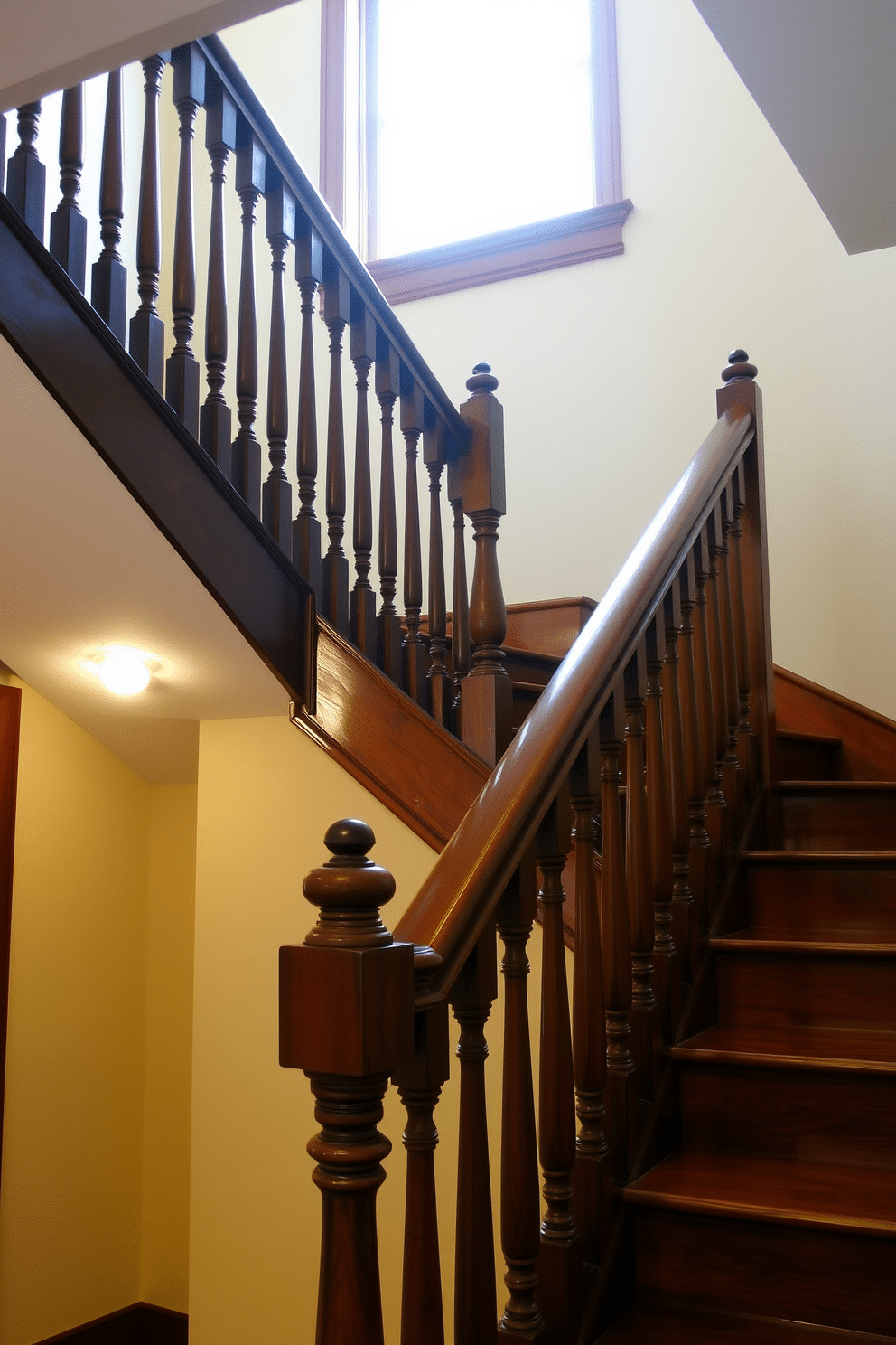 A classic wooden staircase with elegantly crafted spindles ascends gracefully to the upper level. The rich, dark wood contrasts beautifully with the soft, neutral tones of the surrounding walls, creating a warm and inviting atmosphere. The staircase features a polished handrail that complements the intricate spindle design, enhancing the overall aesthetic. Natural light filters through a nearby window, illuminating the staircase and highlighting the craftsmanship of each wooden element.