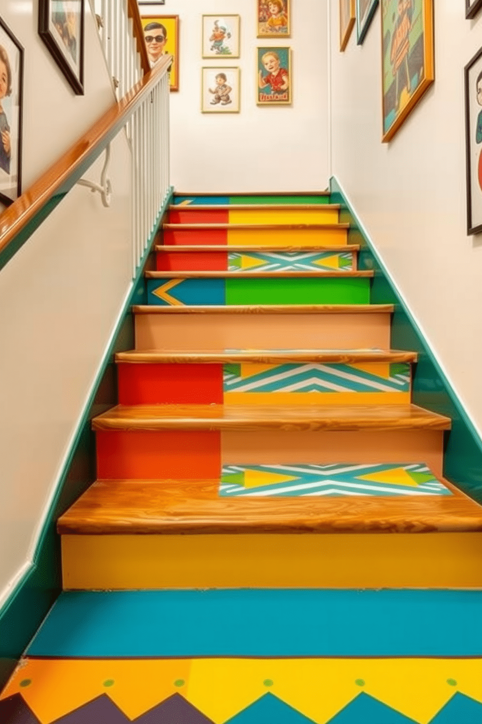 Brightly colored stair treads create a vibrant focal point on a retro staircase, enhancing the playful atmosphere of the space. The treads feature bold patterns and hues, contrasting beautifully with the sleek wooden steps beneath. The staircase is framed by a stylish railing, adding an element of elegance to the fun design. Surrounding walls are adorned with retro artwork, contributing to the overall nostalgic charm of the setting.