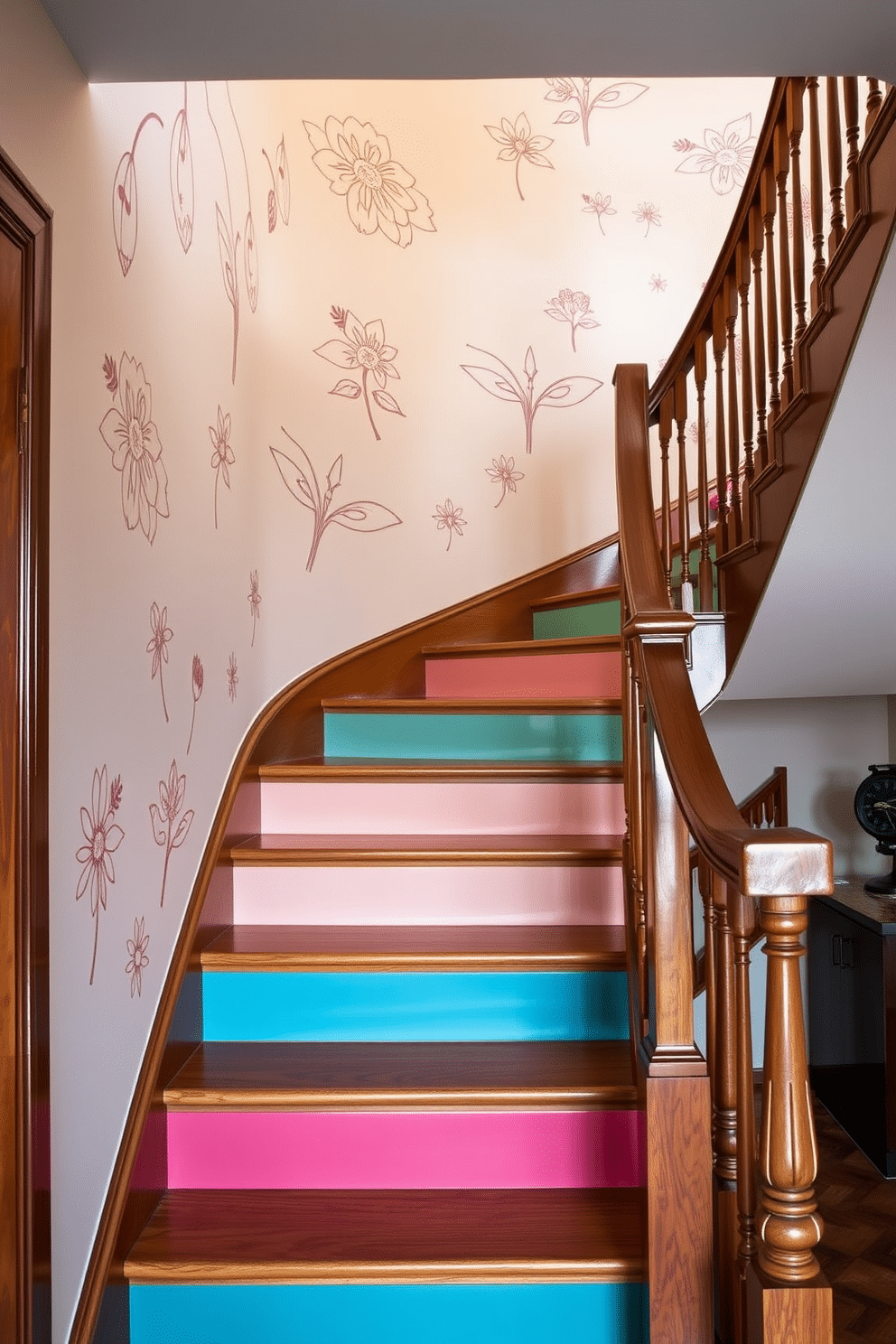 A stunning staircase adorned with decorative wall decals that create a whimsical yet elegant atmosphere. The decals feature intricate floral patterns in soft pastels, enhancing the visual appeal of the wooden staircase. The staircase itself boasts a retro design, showcasing a blend of bold colors and geometric shapes. Each step is highlighted with contrasting hues, creating a vibrant and inviting focal point in the home.