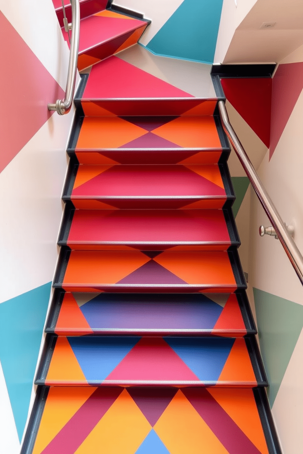 A retro staircase design features bold, geometric patterns in vibrant colors, creating a striking visual impact. The stairs are complemented by chrome railings that enhance the sleek aesthetic while providing safety and support.