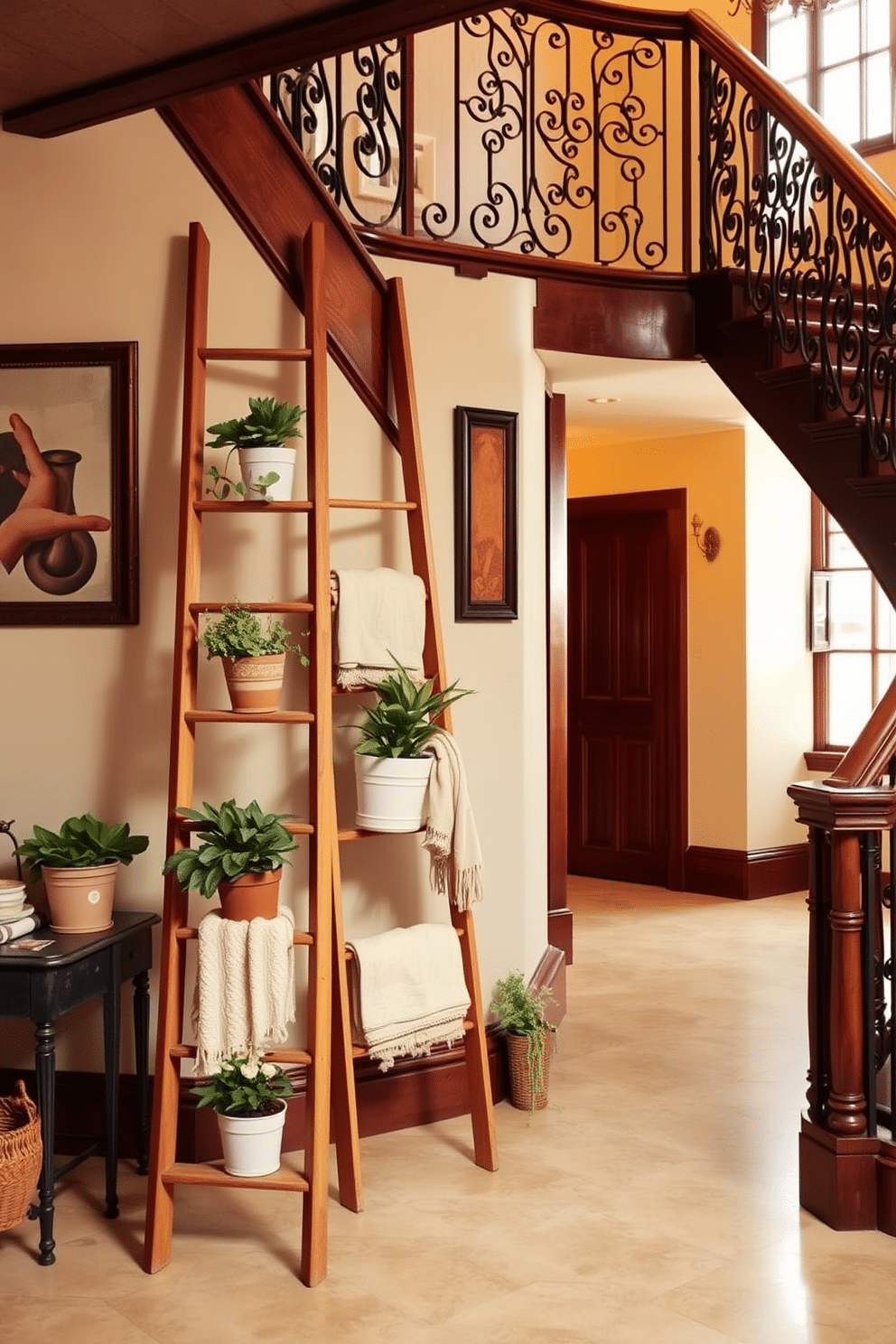 A vintage wooden ladder leans against a wall, adorned with potted plants and cozy blankets, adding a rustic charm to the space. The warm tones of the wood contrast beautifully with the soft pastel colors of the surrounding decor, creating an inviting atmosphere. The staircase features intricate wrought iron railings and a rich, dark wood finish that highlights its vintage appeal. Soft lighting illuminates the staircase, casting gentle shadows that enhance the architectural details and create a warm, welcoming entryway.