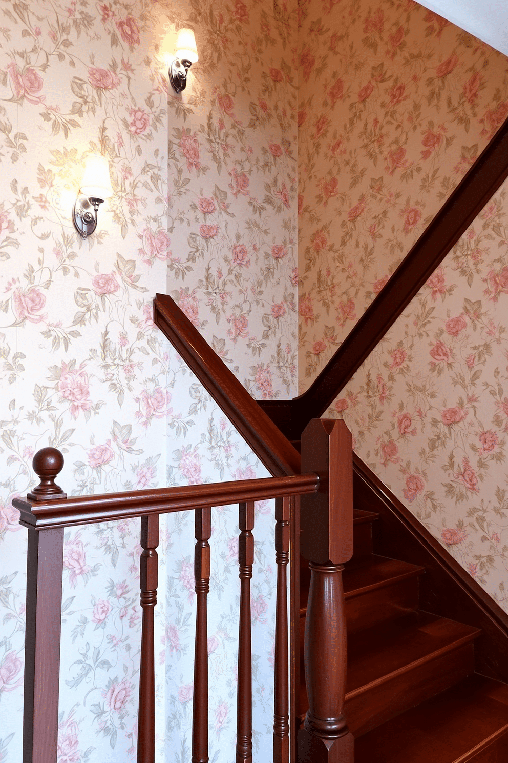 A staircase adorned with vintage wallpaper featuring intricate floral patterns in soft pastel hues creates a charming focal point. The wallpaper is complemented by a polished wooden banister that adds warmth and elegance to the space. The staircase steps are finished in a deep mahogany, enhancing the vintage aesthetic while providing a sturdy and inviting feel. Subtle lighting fixtures along the wall illuminate the wallpaper, highlighting its texture and design.