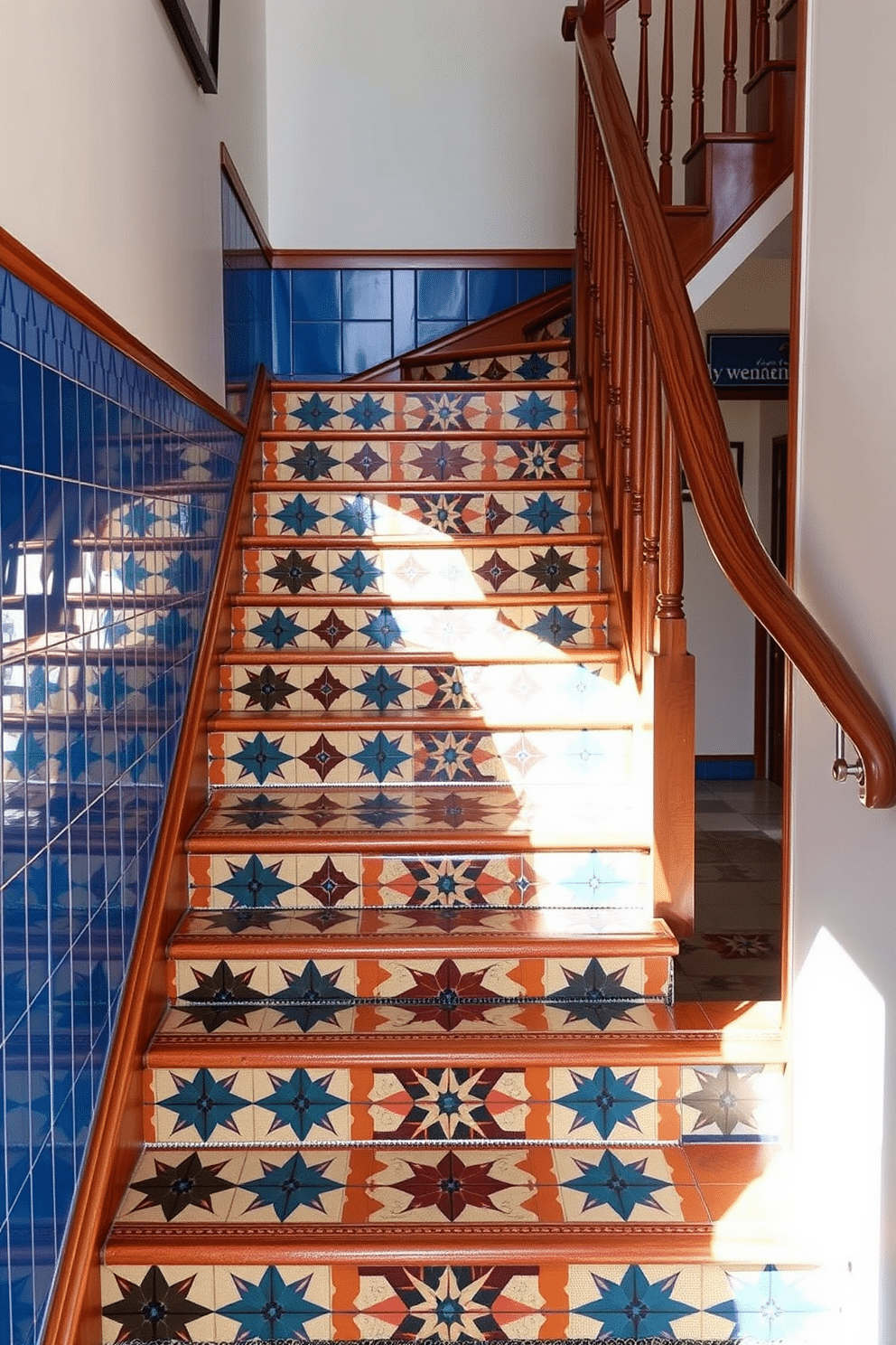 A striking staircase features geometric tile patterns on each step, creating a visually dynamic focal point. The tiles are a mix of bold colors and shapes, enhancing the overall aesthetic of the space. The staircase design incorporates retro elements, with a curved handrail and vintage-style balusters. Warm wood tones complement the vibrant tiles, adding a touch of nostalgia to the modern design.