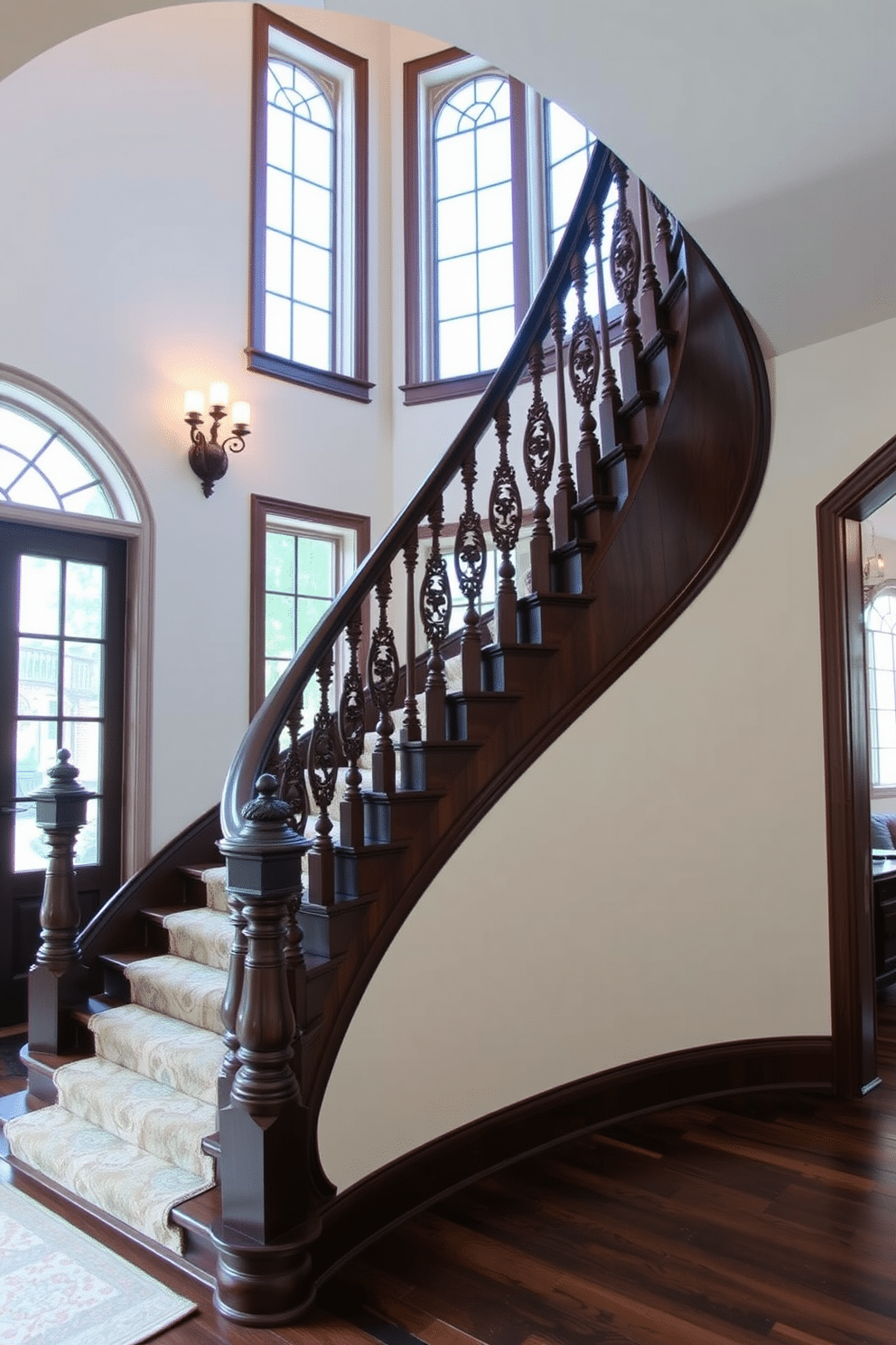 A stunning curved staircase gracefully ascends, featuring ornate balusters that showcase intricate craftsmanship. The staircase is adorned with rich, dark wood, while a plush runner in a vintage pattern adds warmth and elegance to the design. The walls surrounding the staircase are painted in a soft cream hue, enhancing the natural light that filters through large windows nearby. Elegant wall sconces illuminate the space, highlighting the staircase's architectural beauty and inviting a sense of grandeur to the entryway.