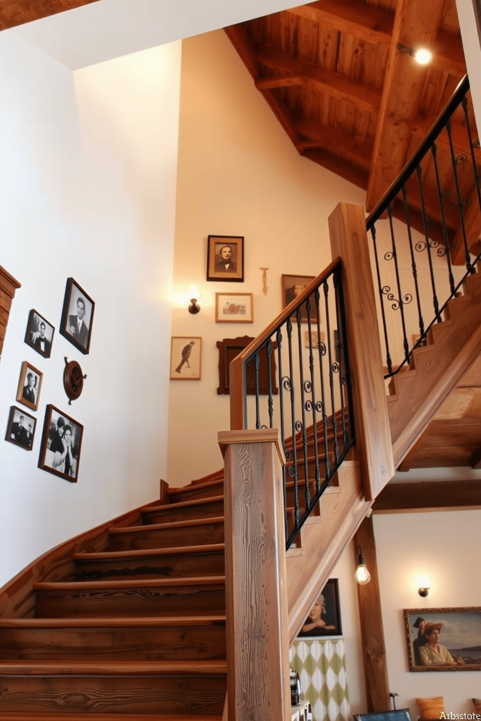 A rustic staircase design features exposed wooden beams that create a warm and inviting atmosphere. The staircase itself is crafted from reclaimed wood, showcasing its natural grain and imperfections, with a wrought iron railing that adds a touch of elegance. The walls are adorned with vintage photographs and rustic decor, enhancing the charm of the space. Soft, ambient lighting illuminates the staircase, highlighting the texture of the wood and creating a cozy, welcoming feel.