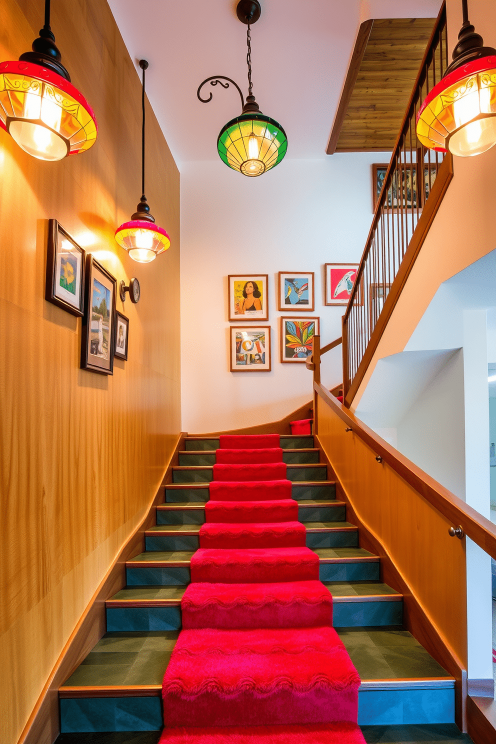 A stunning retro-inspired staircase features a sleek wooden design with bold, geometric patterns on the risers. Overhead, vintage light fixtures with colorful glass shades cast a warm glow, enhancing the nostalgic atmosphere of the space. The staircase is flanked by a wall adorned with framed retro artwork, adding character and charm to the design. A plush runner in vibrant hues runs down the center, inviting guests to ascend with style and comfort.