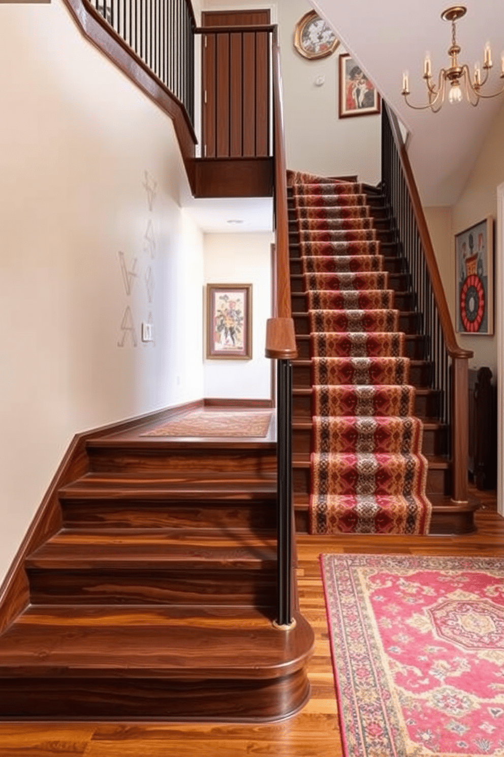 A mid-century modern staircase design features sleek wooden treads with a rich walnut finish, complemented by minimalist metal railings that create an open and airy feel. The surrounding walls are adorned with subtle geometric patterns in warm earth tones, enhancing the overall aesthetic of simplicity and elegance. For retro staircase design ideas, envision vibrant, patterned carpet runners that contrast with polished wooden steps, creating a bold visual statement. The staircase is flanked by quirky wall art and vintage lighting fixtures that evoke a sense of nostalgia and charm.