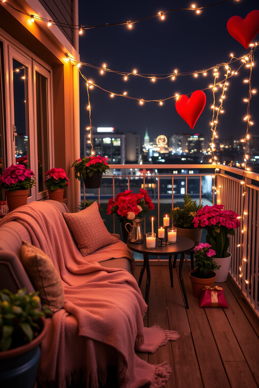 A romantic balcony adorned with fairy lights creates an enchanting atmosphere for Valentine's Day. Cozy blankets are draped over a stylish outdoor sofa, inviting couples to snuggle up and enjoy the view. Potted plants with vibrant flowers add a touch of color and life to the space. A small table is set for two, complete with candles and a charming centerpiece, perfect for a romantic dinner under the stars.