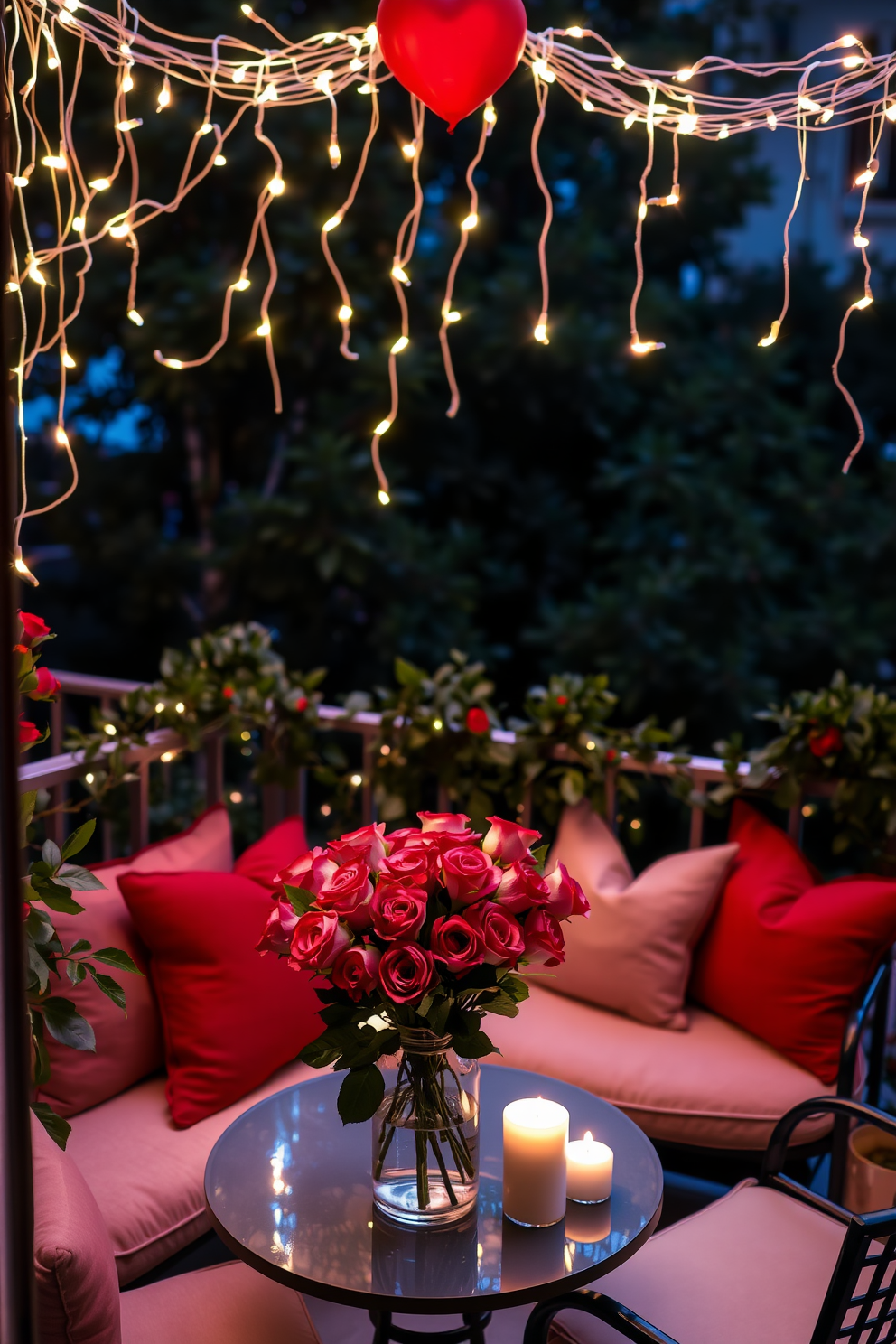 A romantic balcony setting adorned for Valentine's Day. Twinkling fairy lights drape elegantly above, casting a soft glow over a cozy seating area with plush cushions and a small round table set for two. A beautiful arrangement of red and pink roses in a vase sits at the center of the table, complemented by flickering candles. Lush greenery surrounds the balcony, creating an intimate and inviting atmosphere perfect for a romantic evening.