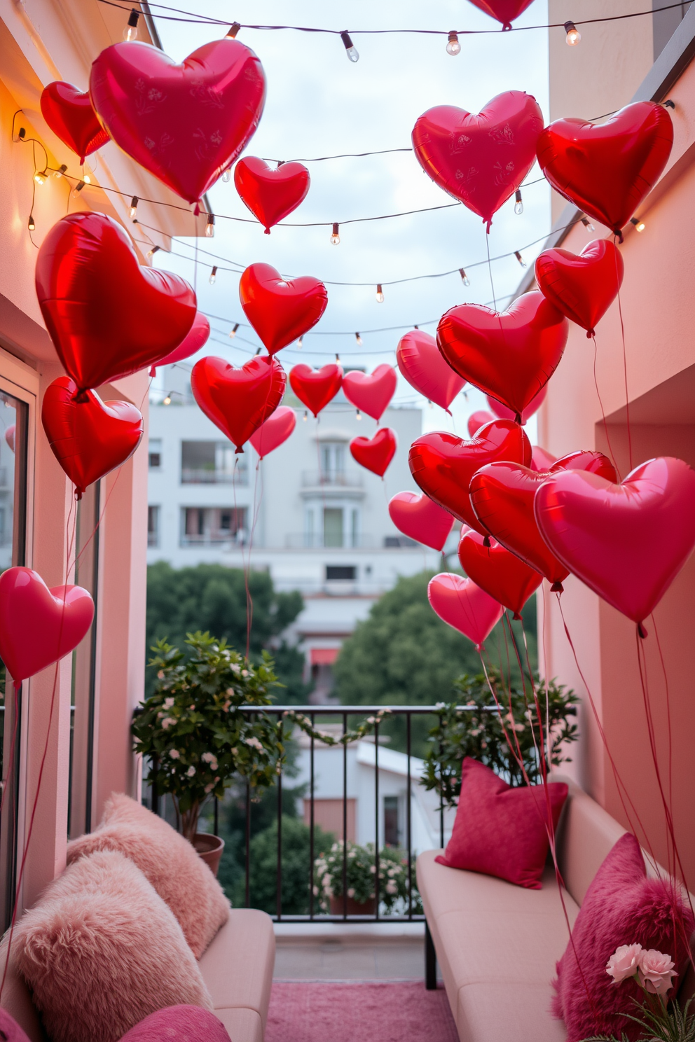 A romantic balcony adorned with heart-shaped balloons in various shades of red and pink, floating gently in the soft breeze. The space features a cozy seating area with plush cushions and fairy lights strung overhead, creating an intimate atmosphere for a Valentine's Day celebration.