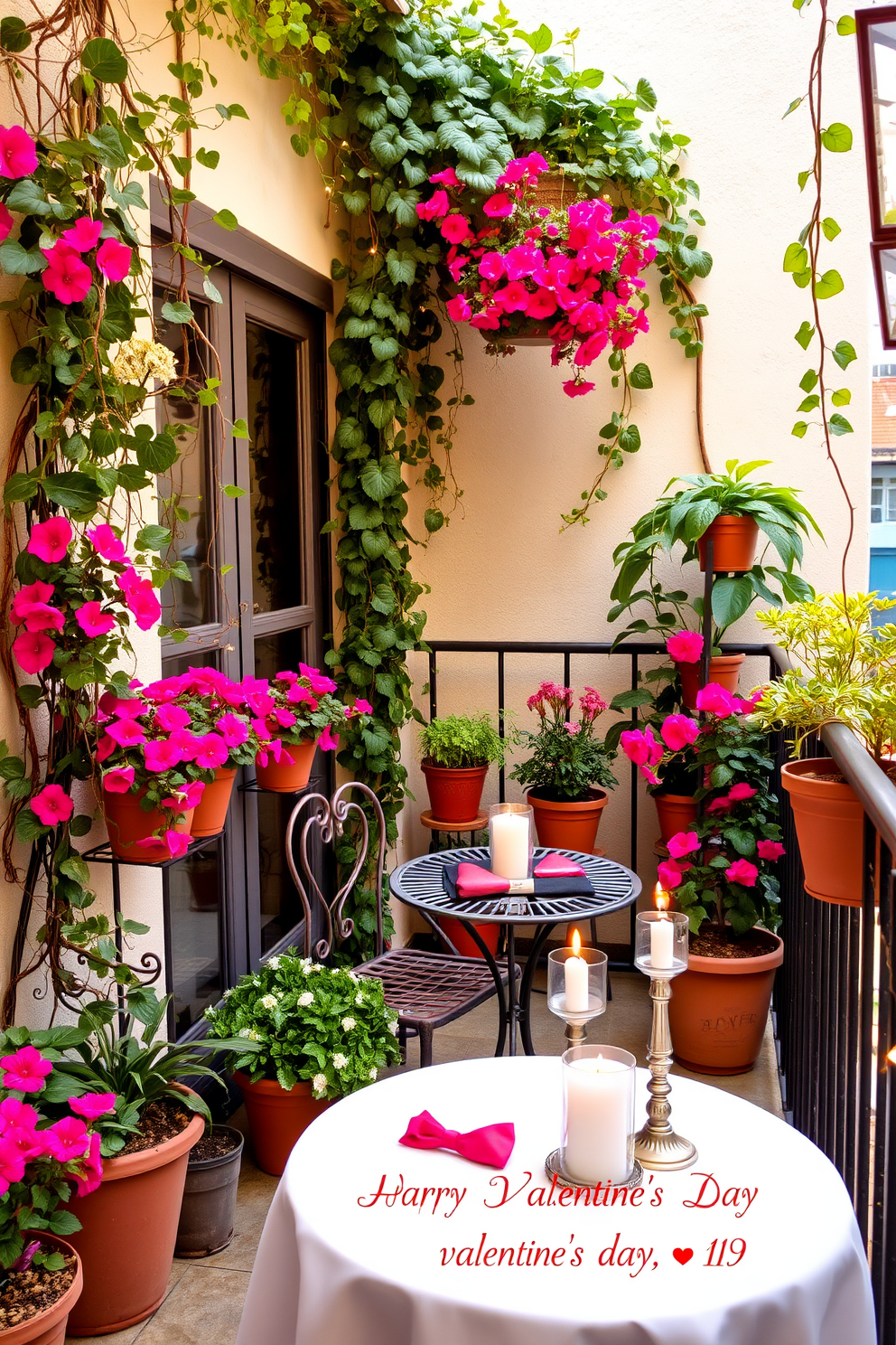 A cozy balcony adorned with potted plants and lush greenery. The space features a small bistro table set for two, surrounded by vibrant flowers and trailing vines cascading over the railing. Soft fairy lights twinkle overhead, creating a warm and inviting atmosphere. Heart-shaped decorations and elegant candles are placed on the table, enhancing the romantic vibe for Valentine's Day.